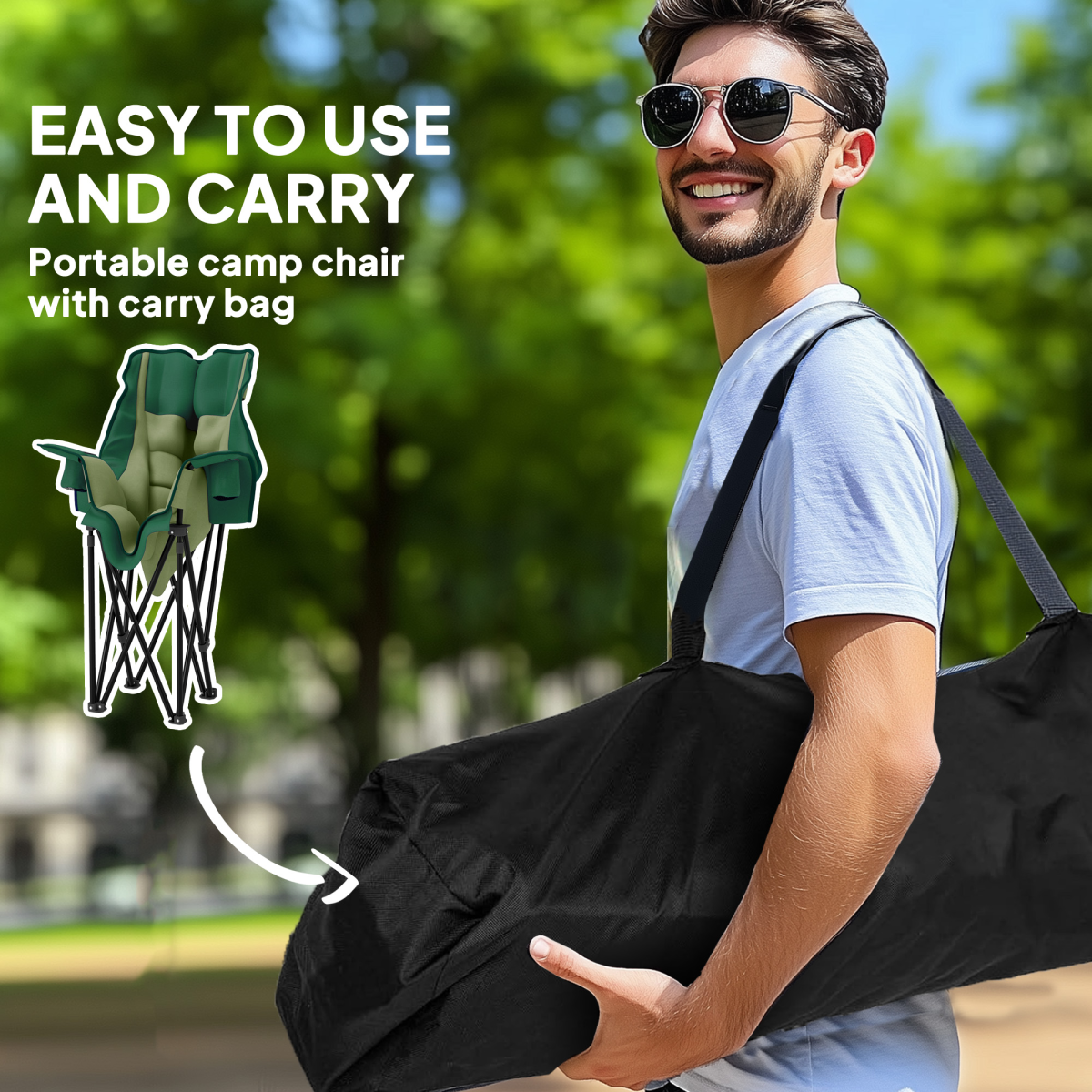 Portable camp chair with carry bag, easy to use and carry for van life adventures