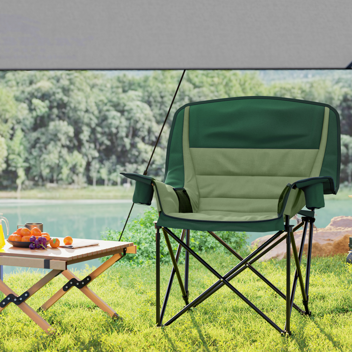 Green camping chair with side tables by lake, perfect for van life and outdoor adventures