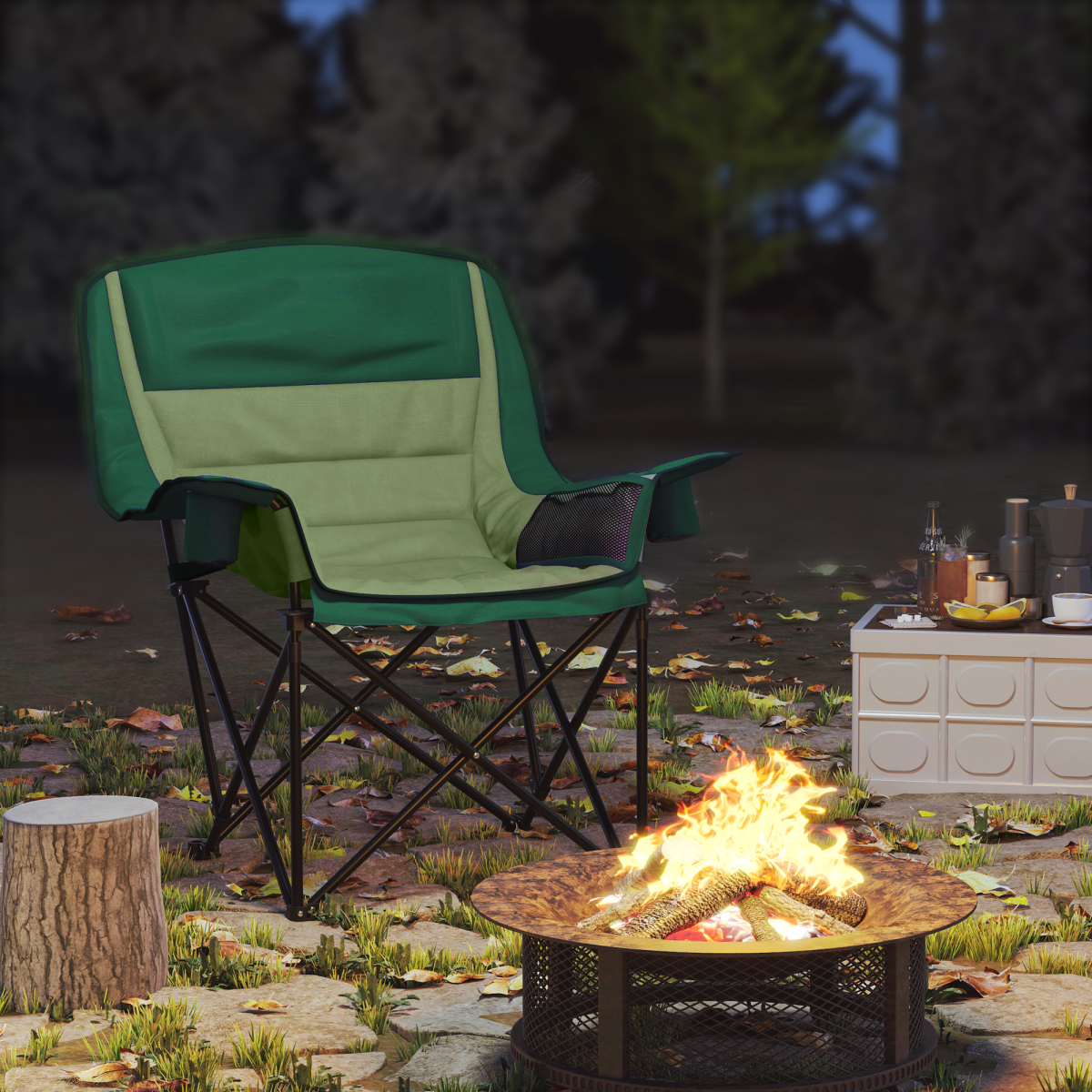 Green camping chair by fire pit, perfect for van life and outdoor adventures
