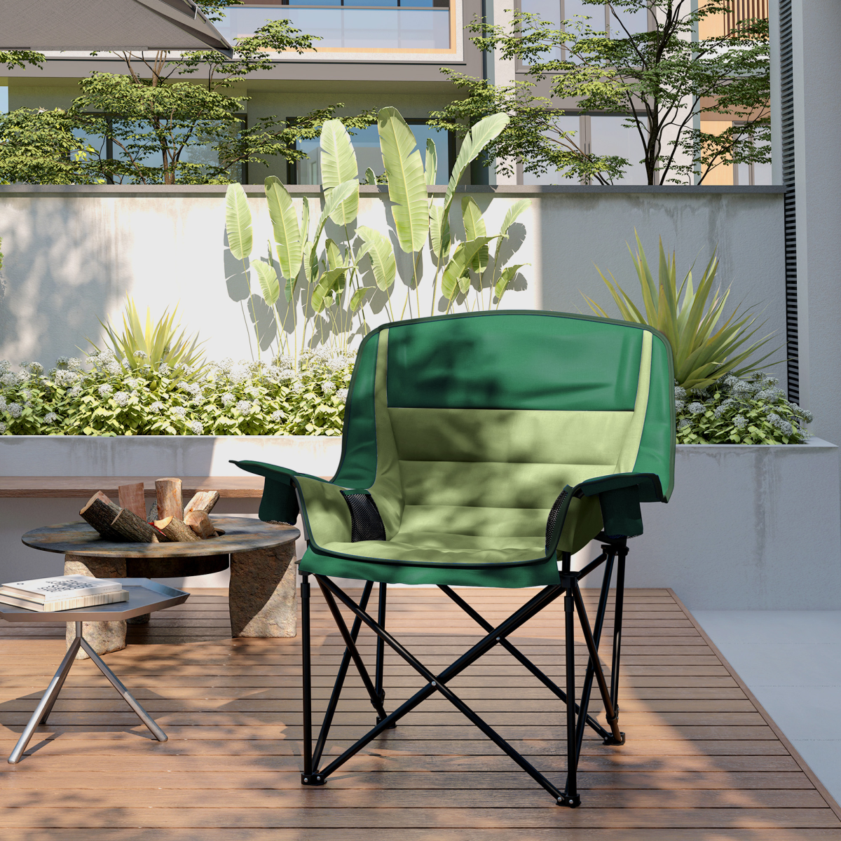 Green camping chair with armrests on wooden deck, perfect for van life and outdoor adventures.