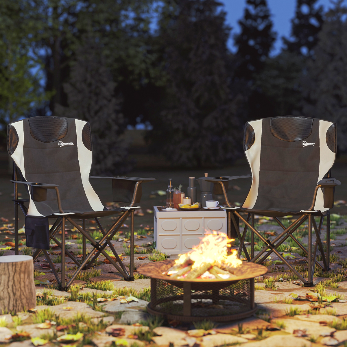 Two portable camping chairs by fire pit, perfect for van life and outdoor adventures.