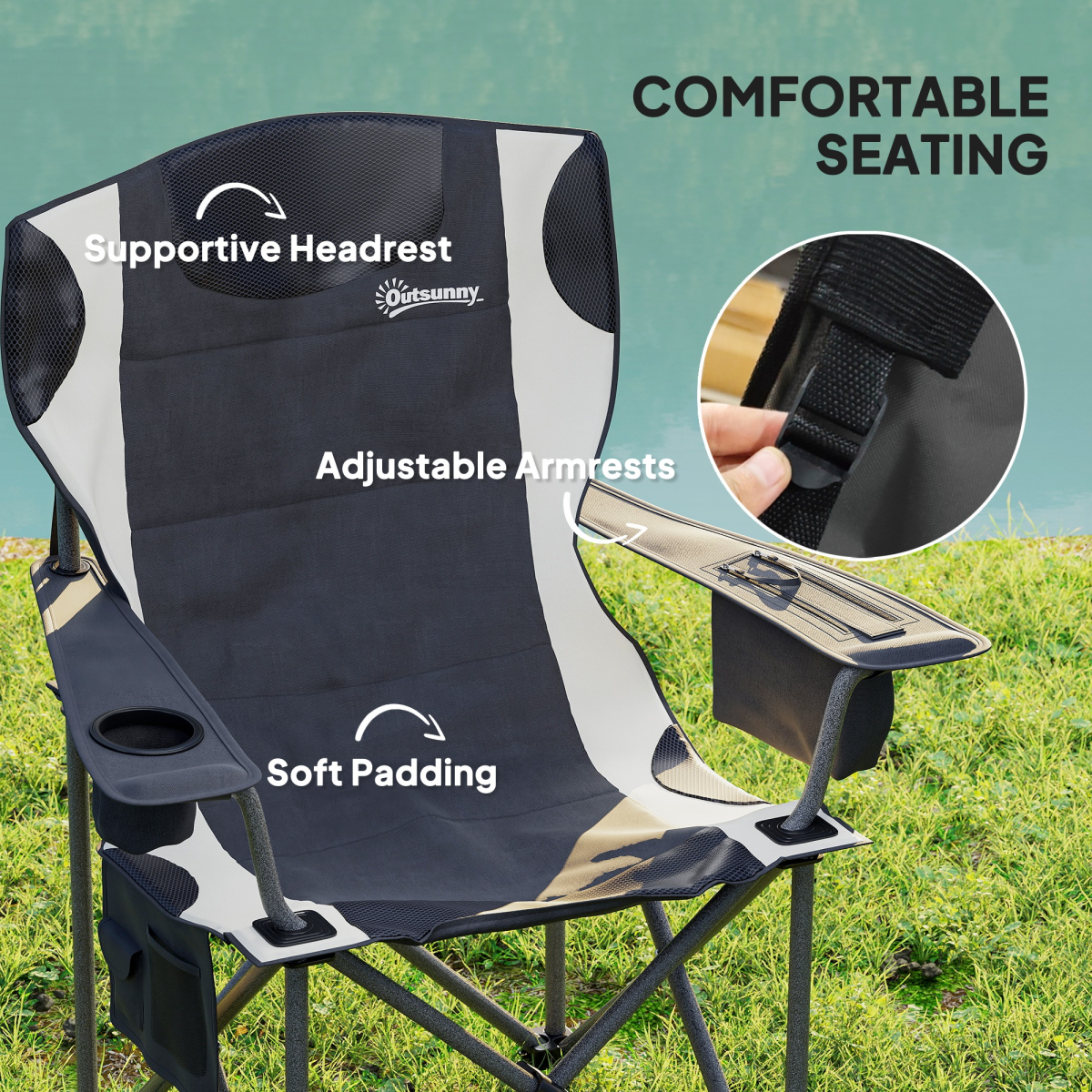 Comfortable outdoor camping chair with supportive headrest, adjustable armrests, and soft padding for van life adventures.
