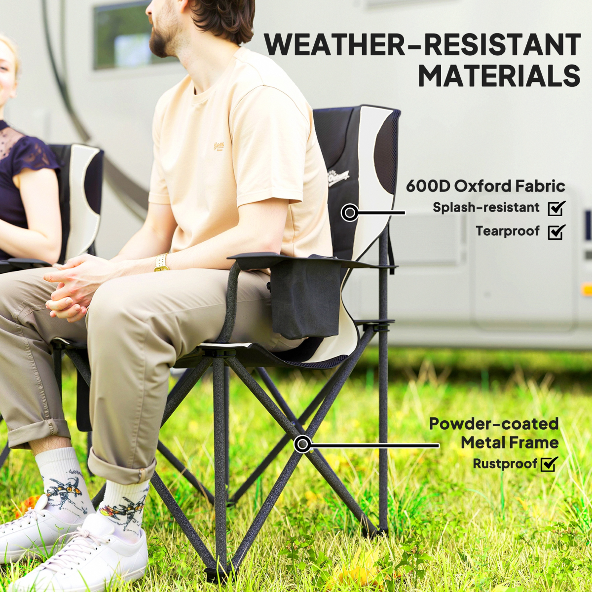 Weather-resistant camp chair with 600D Oxford fabric and powder-coated metal frame for van life adventures