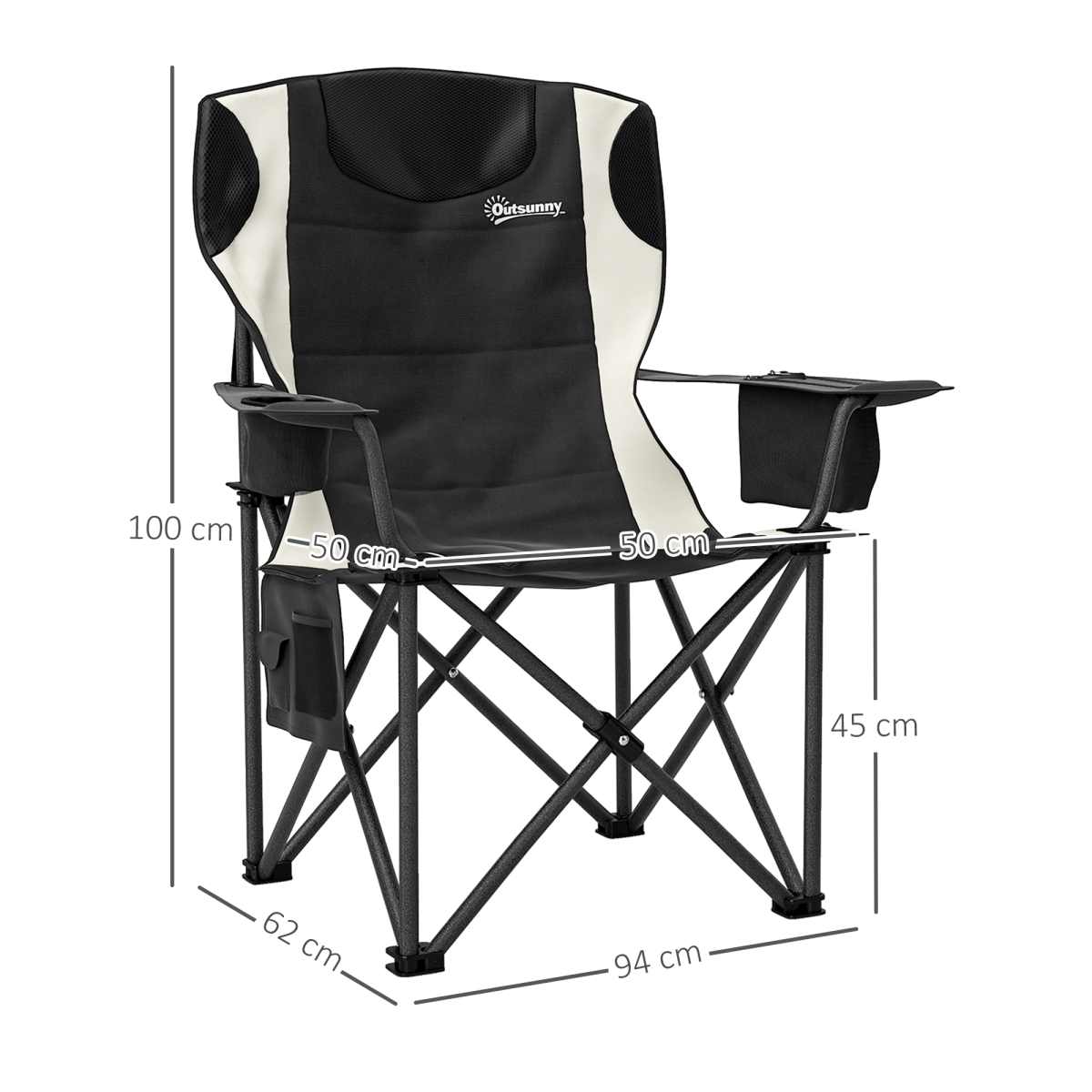 Black and cream Outsuny folding camping chair with cup holders and dimensions for van life adventures