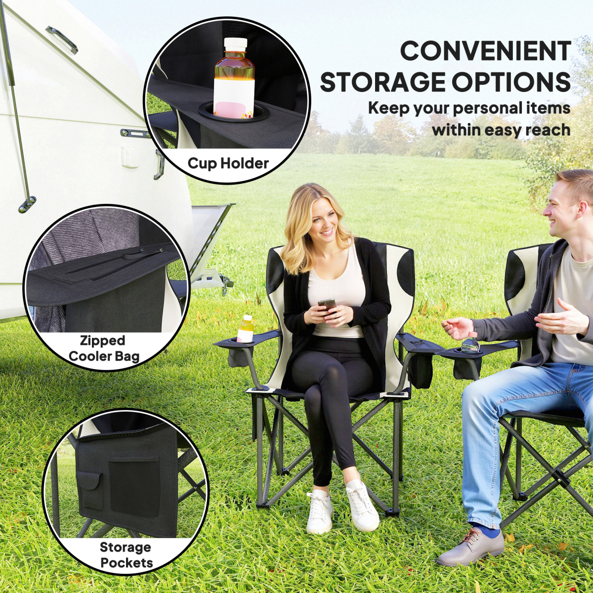 Portable camping chairs with cup holders, cooler bag & storage pockets for van life adventures
