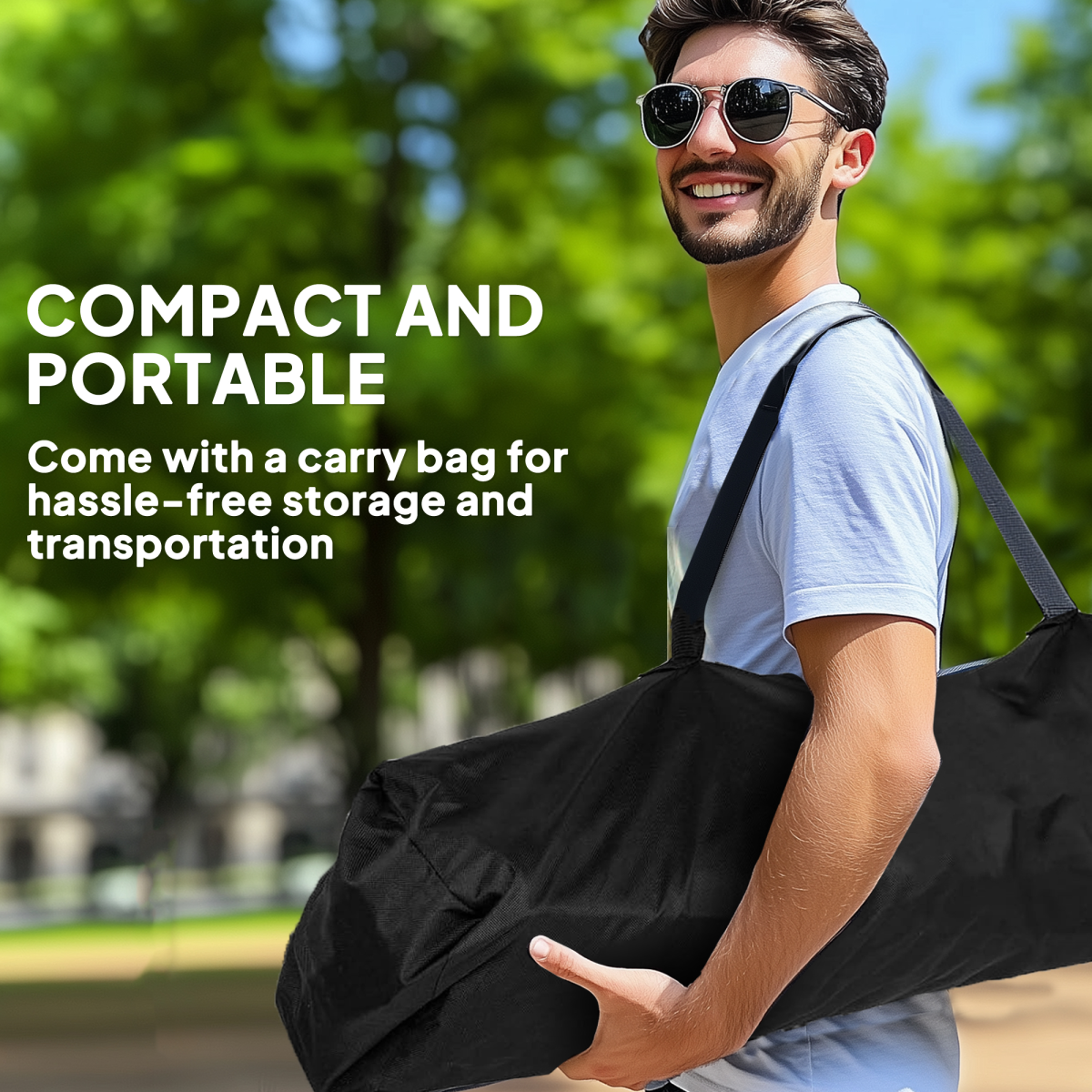Man carrying compact portable carry bag for van life gear, outdoor adventures, and hassle-free transport