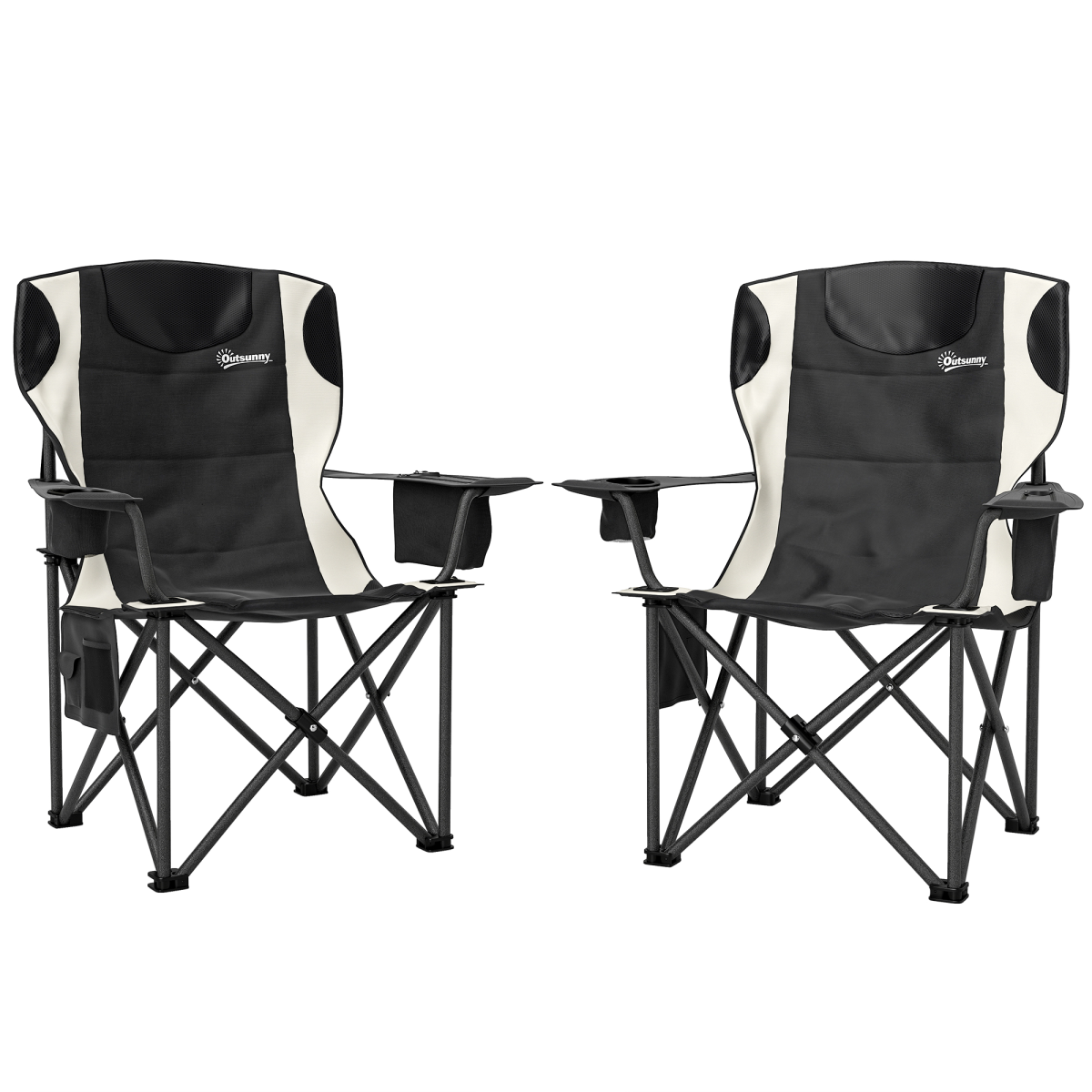 Black and cream folding camping chairs with cup holders, ideal for van life and outdoor adventures