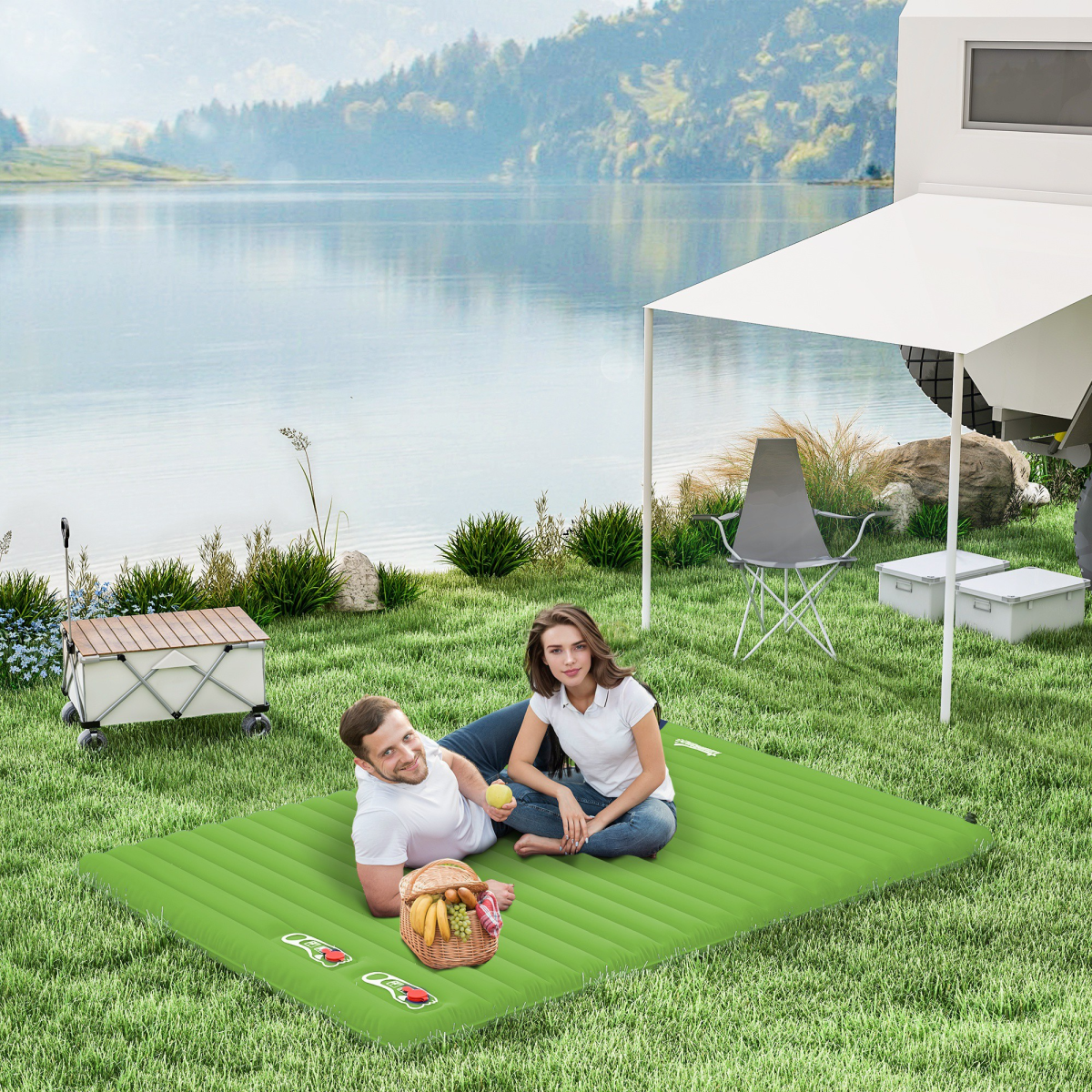 Couple relaxing on green inflatable air mattress by lake, perfect for van life camping and outdoor adventures.
