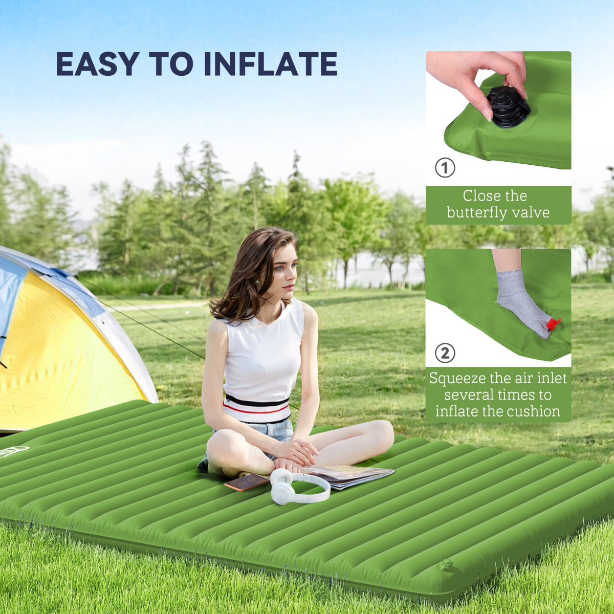 Green inflatable camping mattress for van life, easy to inflate outdoors with butterfly valve, perfect for campers and festival-goers.