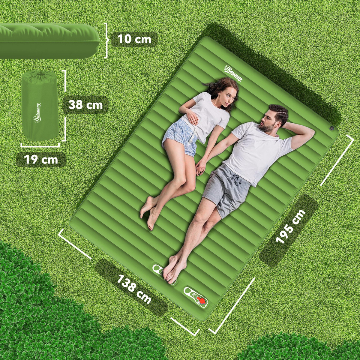 Green inflatable camping mattress for two, ideal for van life and outdoor adventures, shown with dimensions on grass.