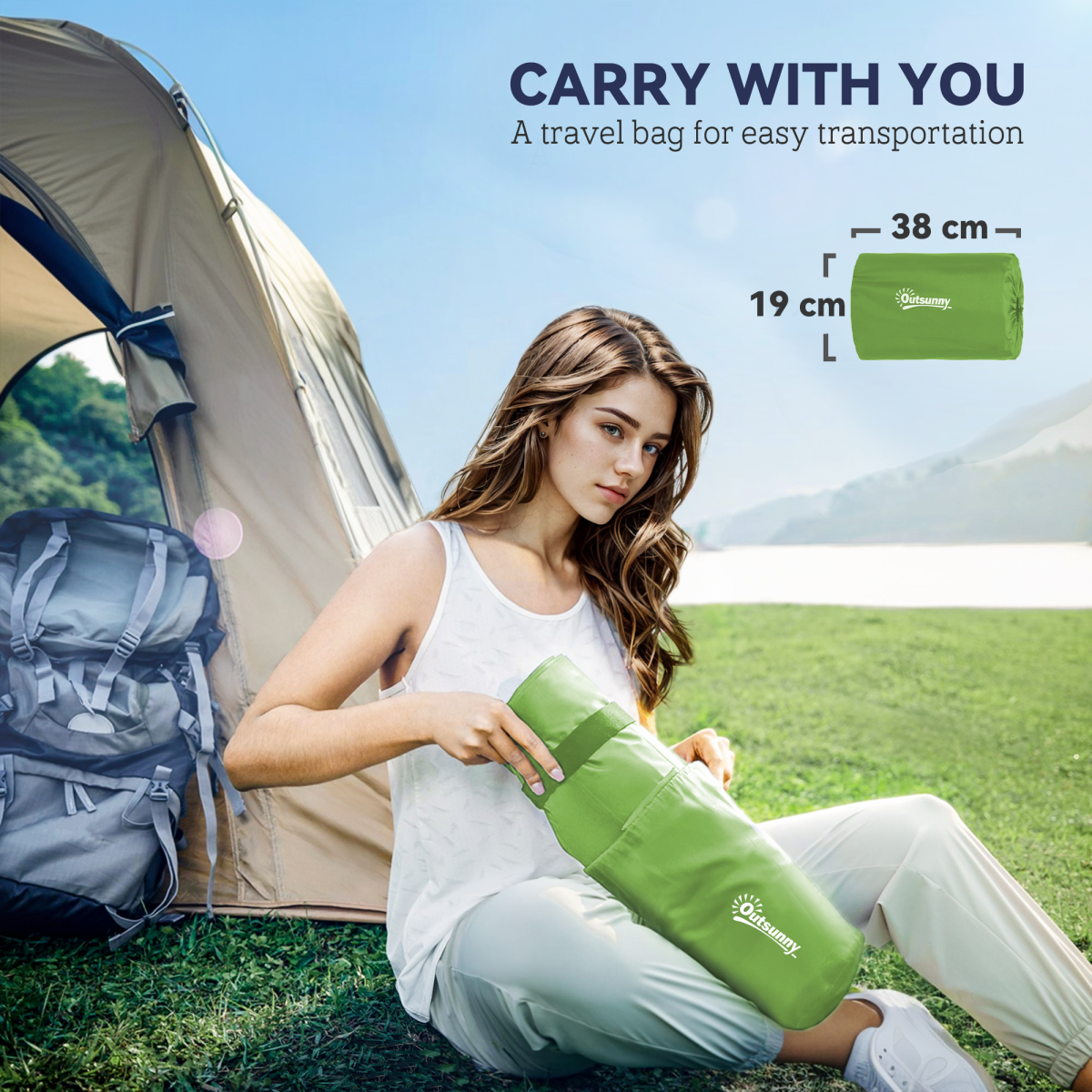 Portable green camping mat with carry bag, perfect for van life and outdoor adventures
