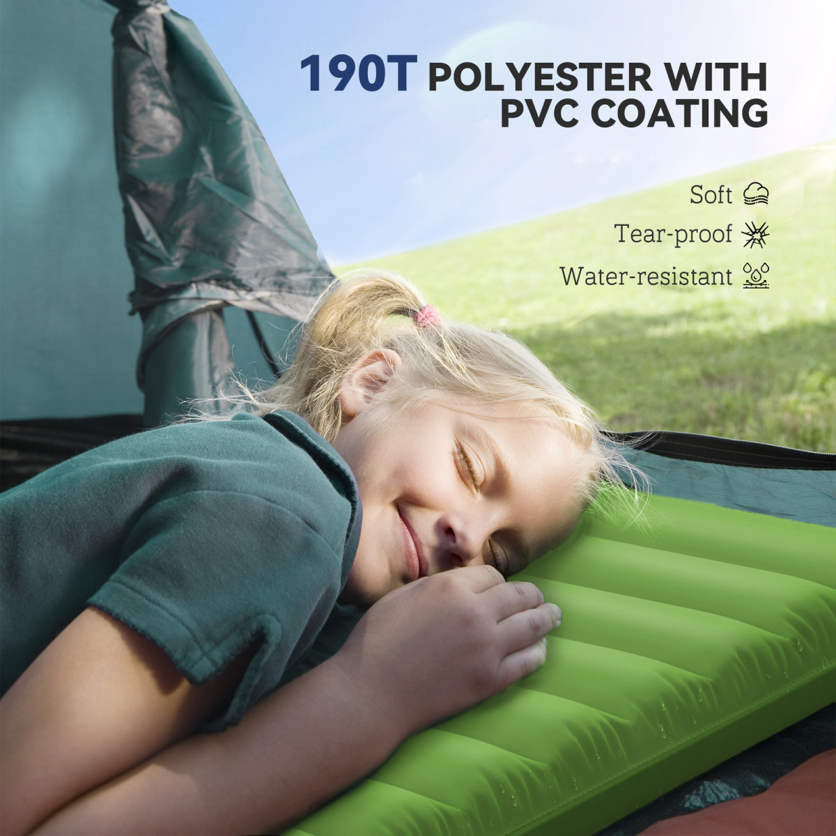 Child sleeping on green inflatable camping mattress, 190T polyester with PVC coating, soft, tear-proof, water-resistant