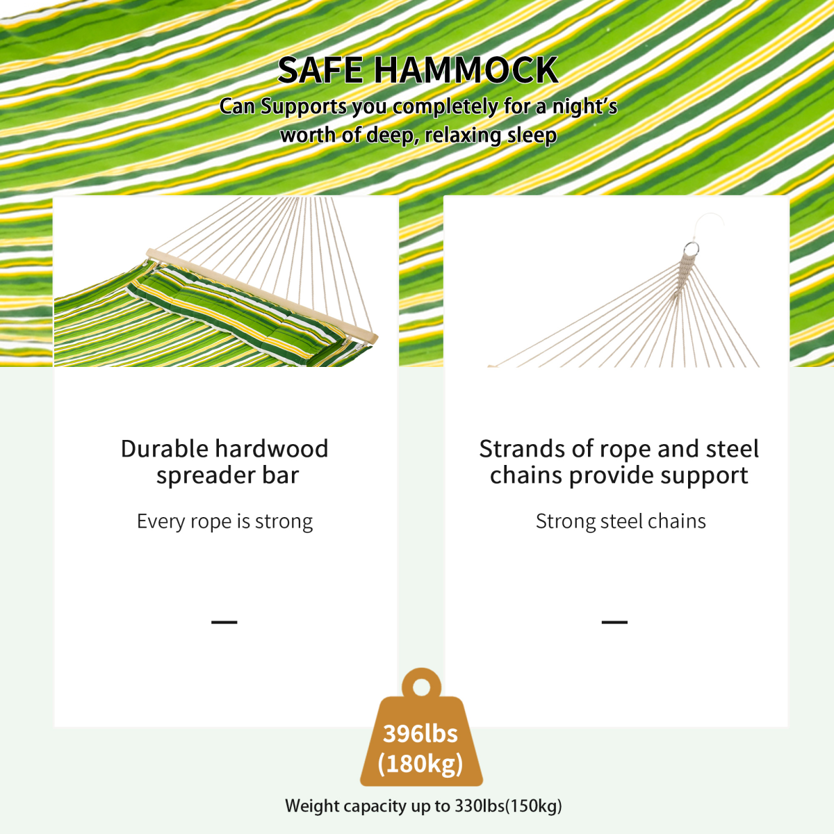 Green striped safe hammock with hardwood spreader bar and steel chains, 330lb capacity for van life relaxation