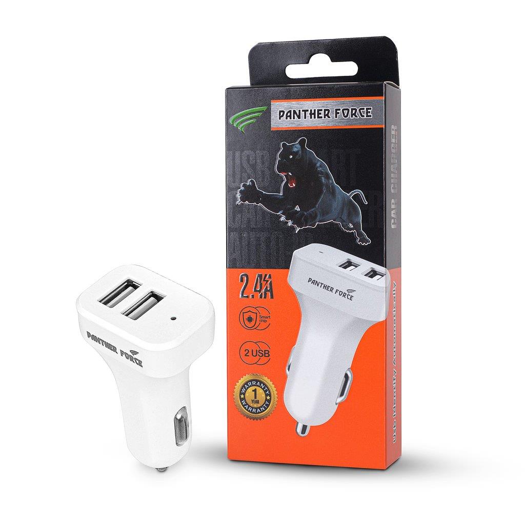 White Panther Force dual USB car charger for van life and road trips, 2.4A output, 2-port charging