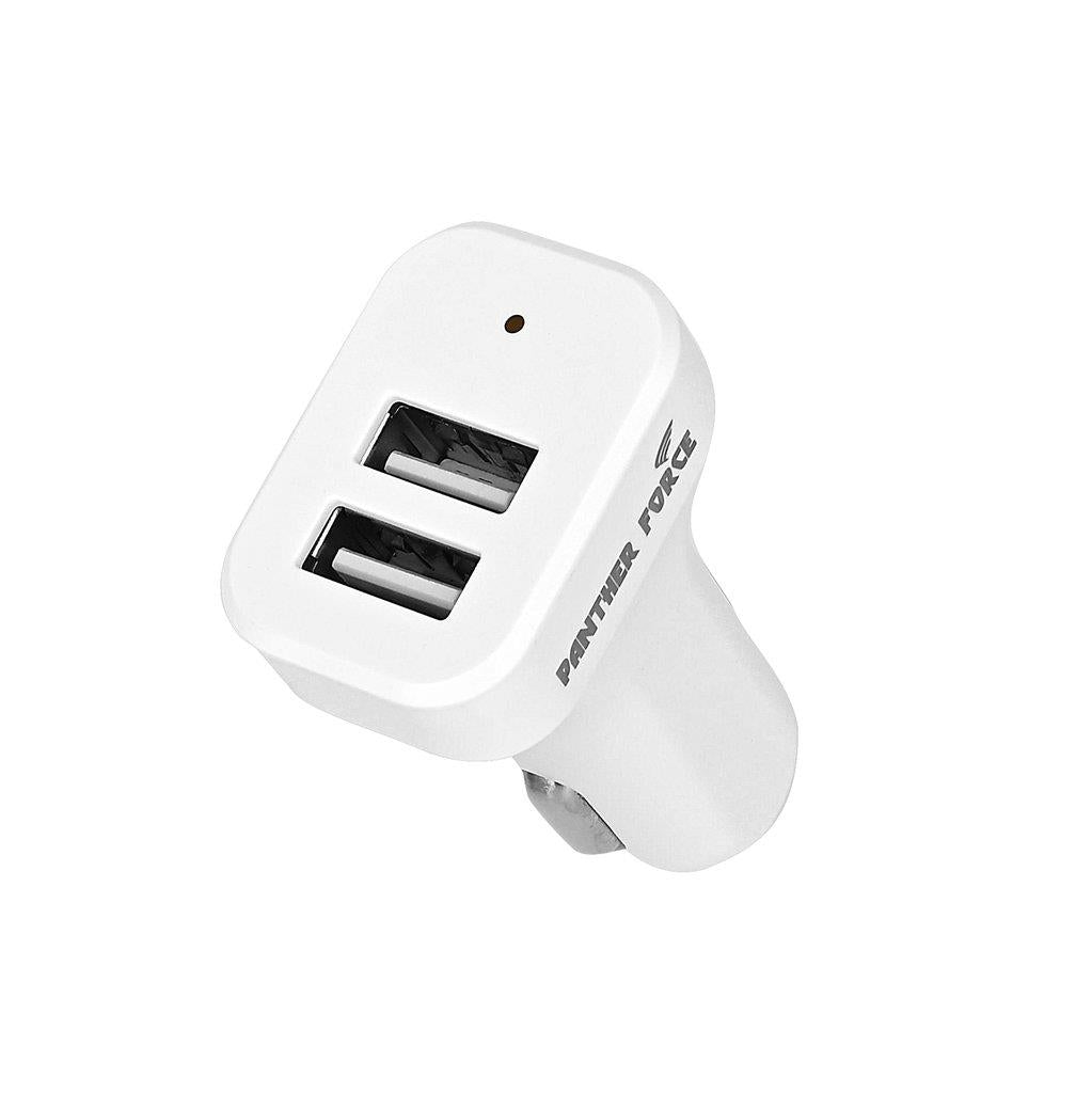 White dual USB car charger for van life adventures and road trips