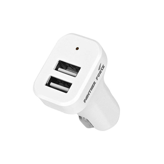 White dual USB car charger for van life adventures and road trips