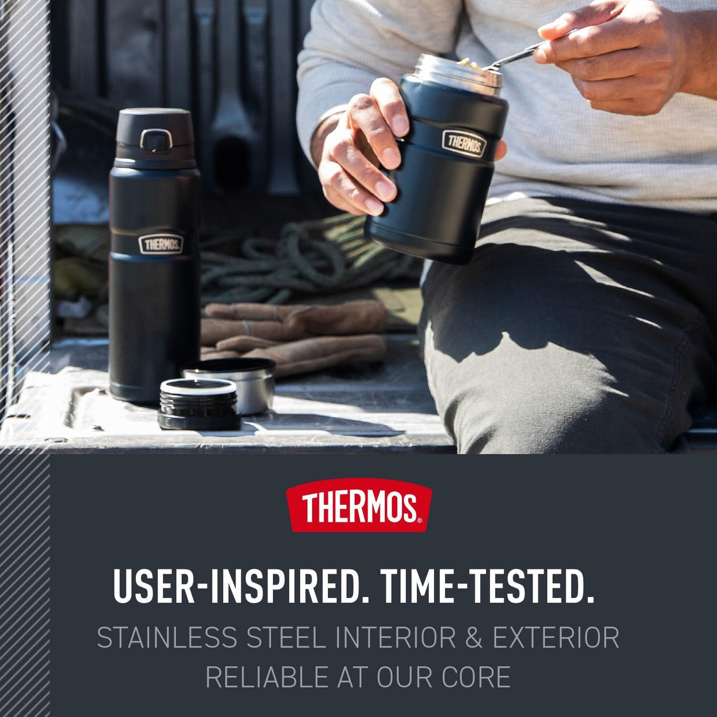 Person using Thermos food jar and bottle for van life outdoor meals, stainless steel gear for adventures