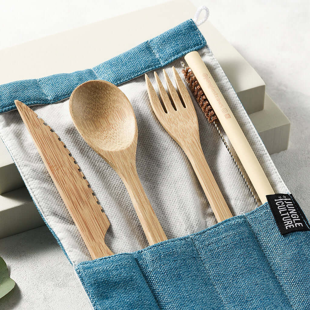Bamboo cutlery set with spoon, fork, knife & straw cleaner in blue travel pouch for van life adventures