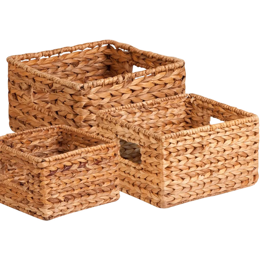 Woven wicker storage baskets for van life organization and camper van essentials