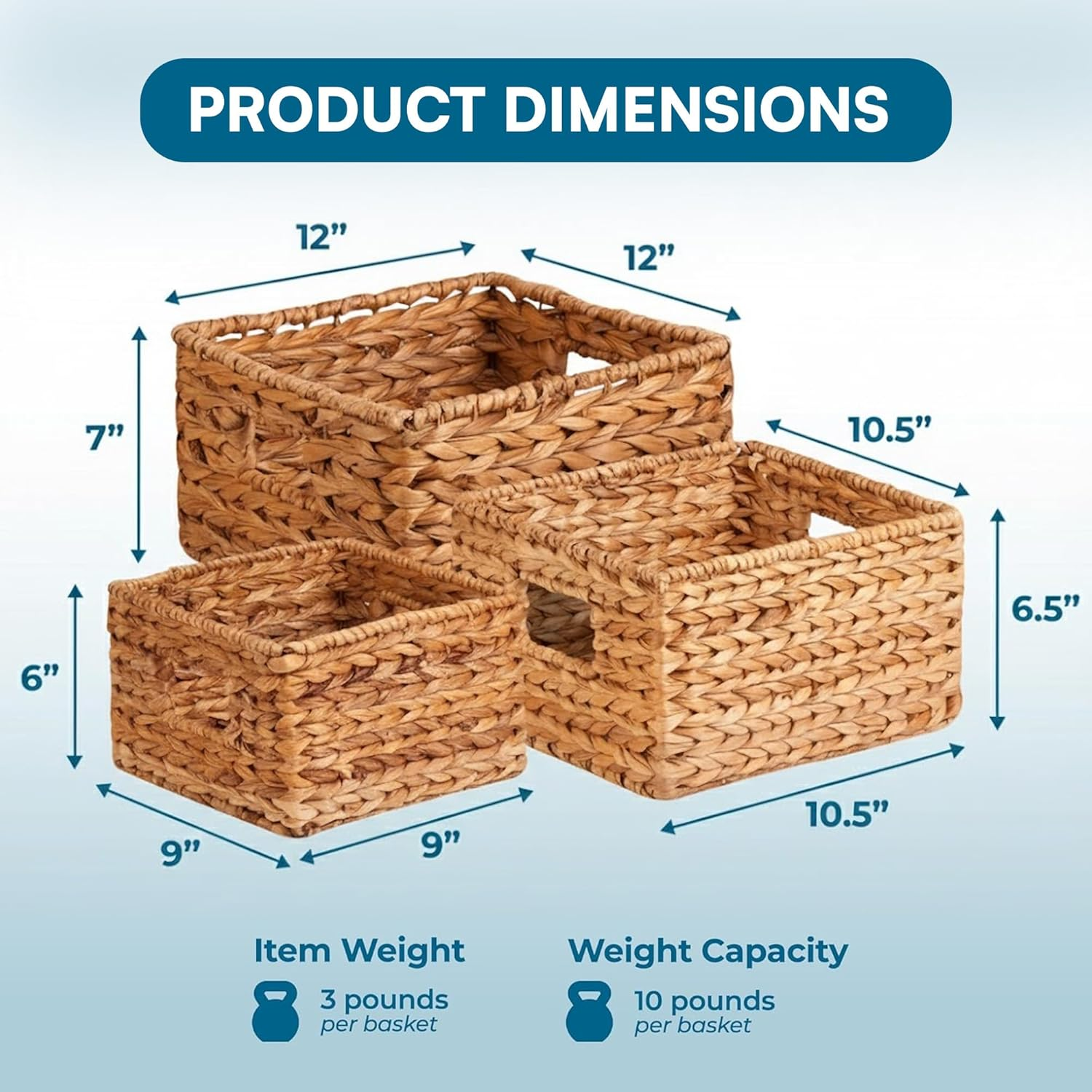 Woven wicker storage baskets with dimensions for van life organization and camping gear storage