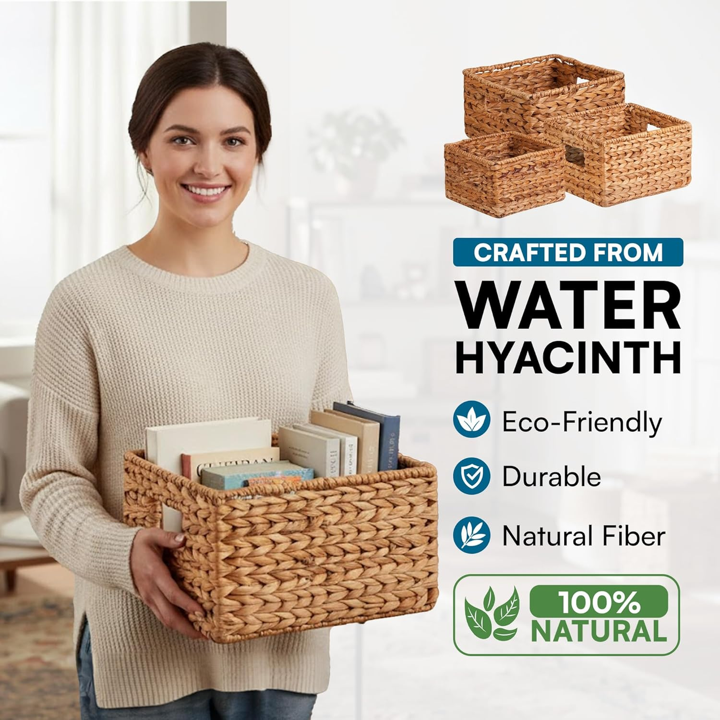 Woman holding water hyacinth storage basket, eco-friendly natural fiber organizer for van life and home