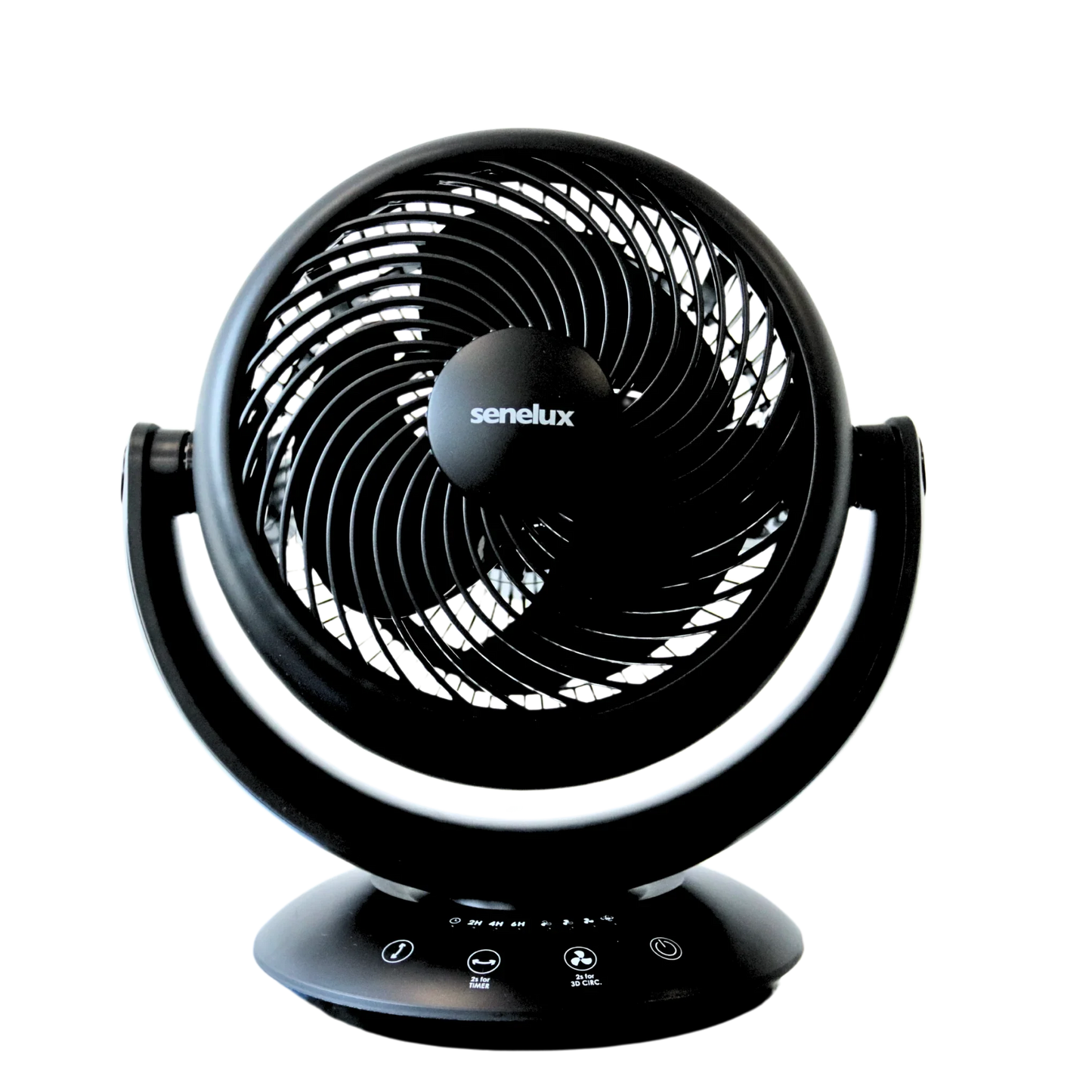 Black Senelux oscillating fan for van life, camping, and outdoor adventures with timer and 3D circulation