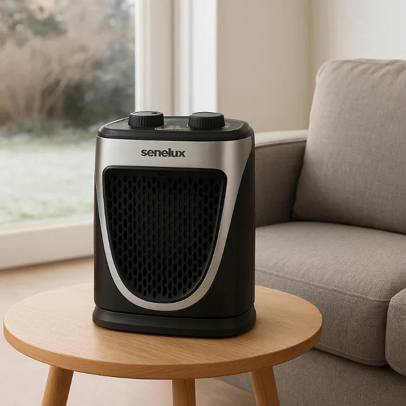 Compact Senelux space heater for van life, cozy indoor warmth on wooden table near window