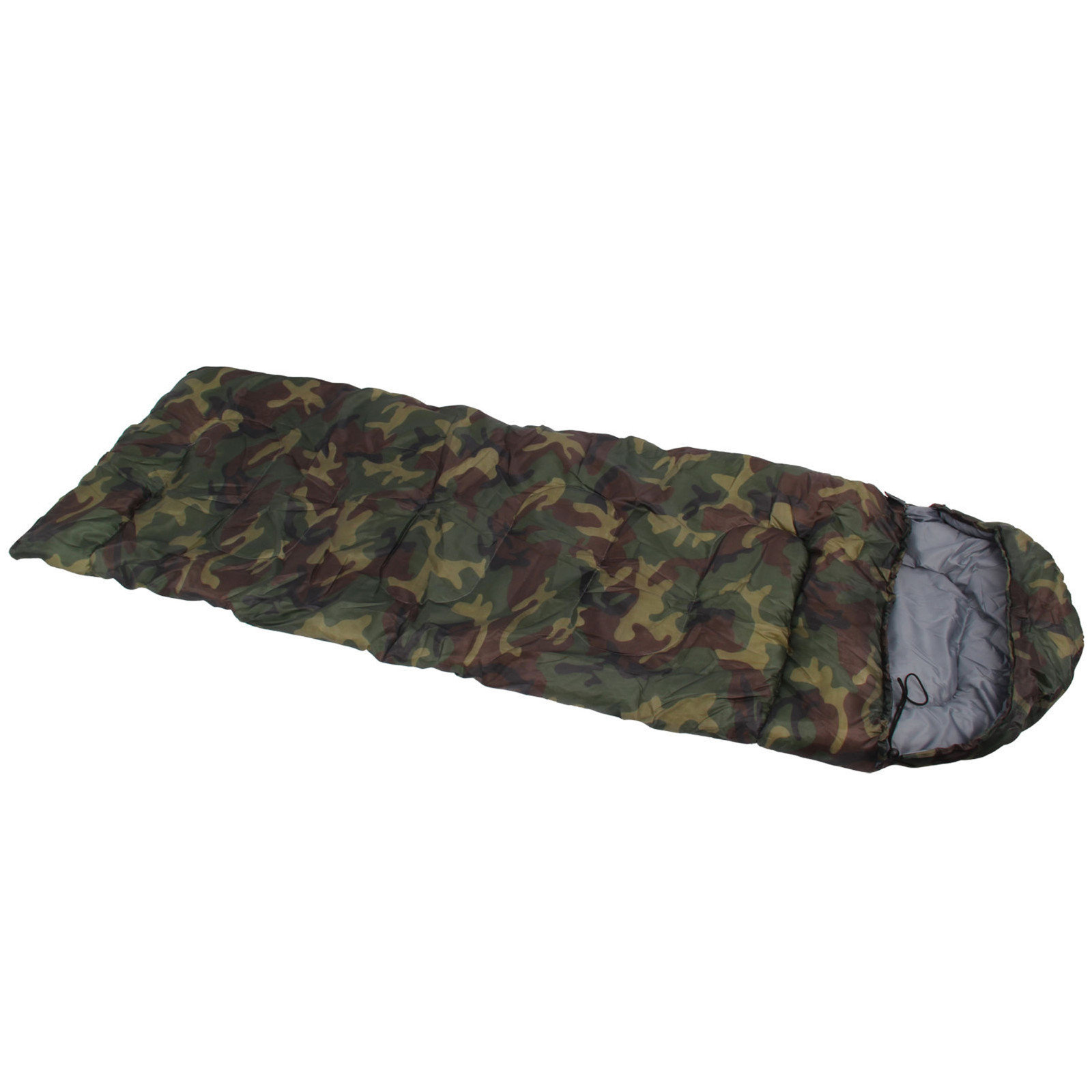 Camouflage sleeping bag for van life, camping, and outdoor adventures with grey interior lining