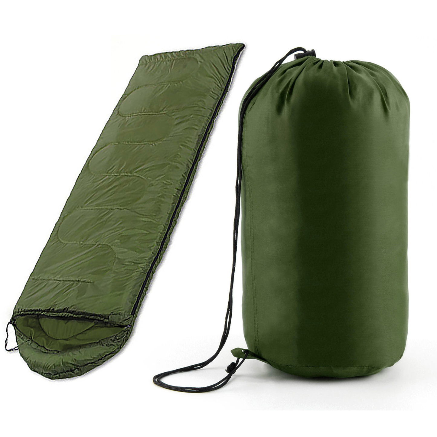 Compact olive green sleeping bag with carry sack, ideal for van life and outdoor adventures