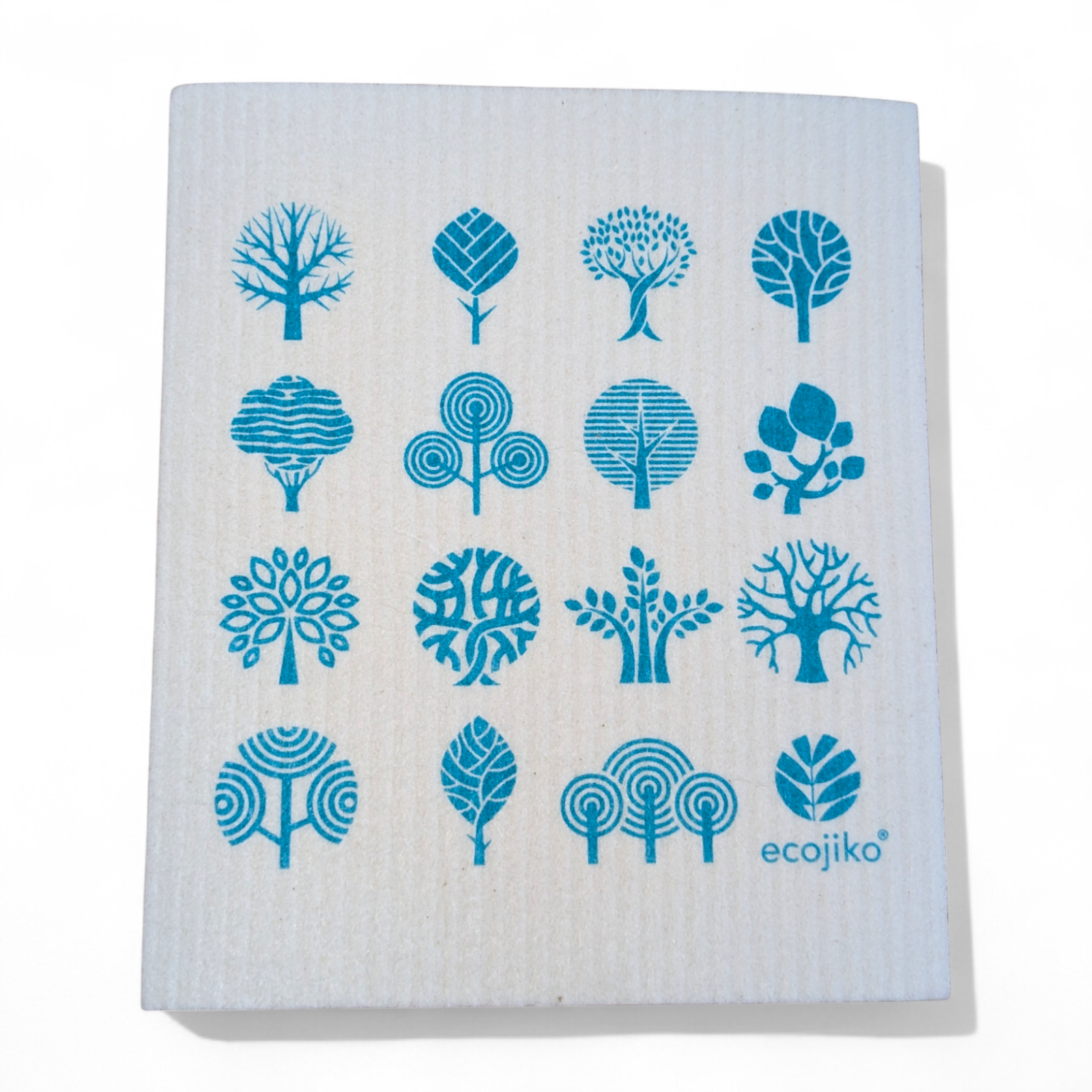 Ecojiko reusable dishcloth with blue tree patterns, ideal for van life and outdoor adventures