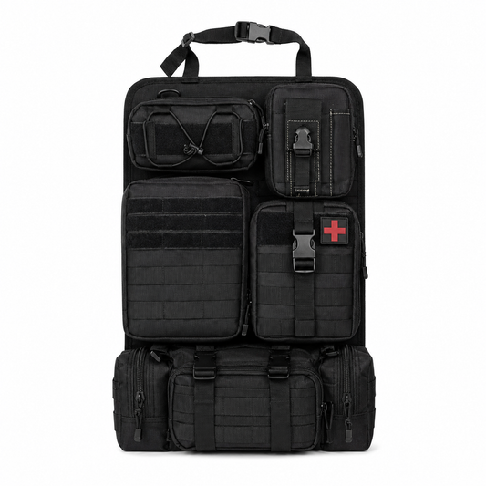 Black modular first aid kit with red cross, ideal for van life and outdoor adventures