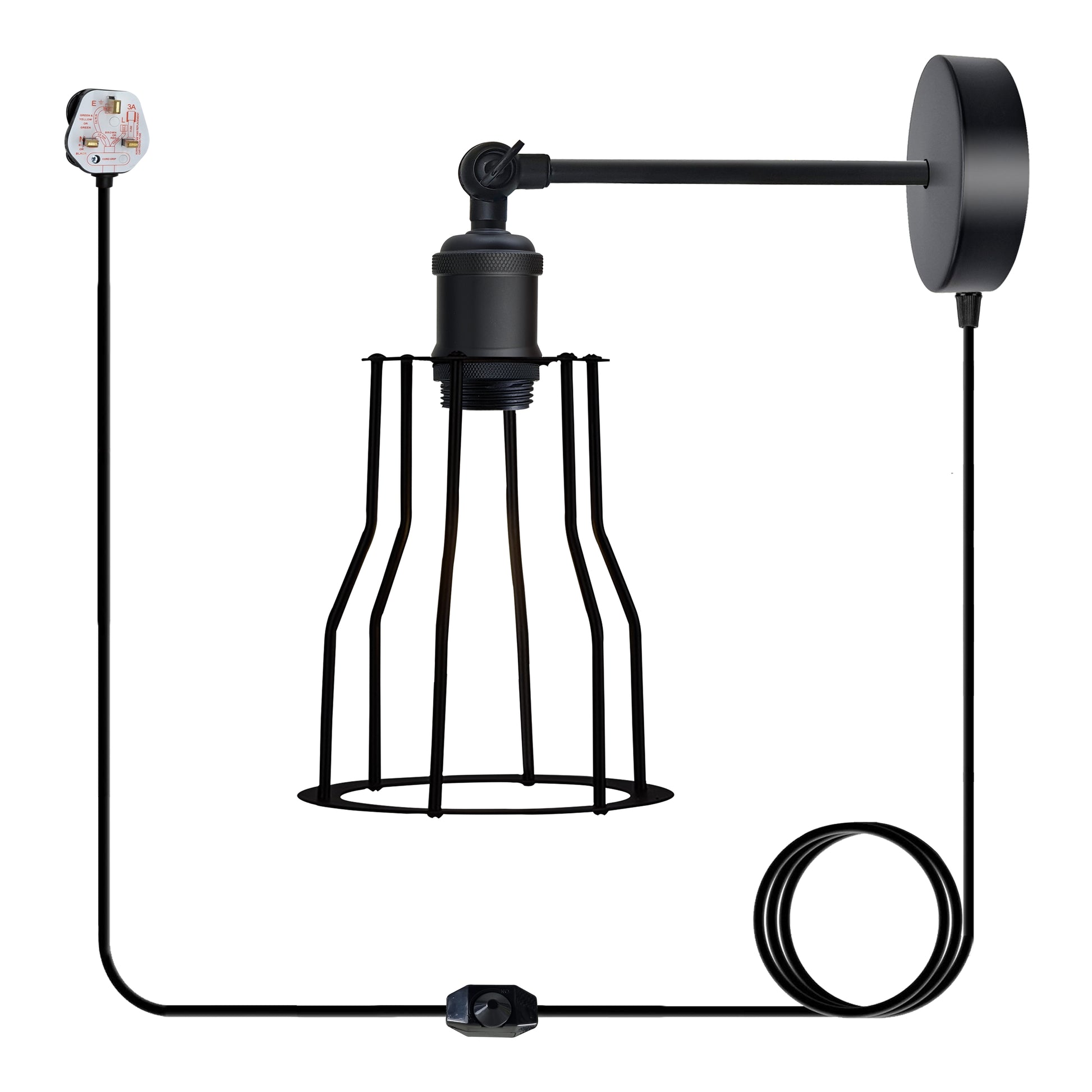 Black adjustable wall-mounted lamp with cage shade, UK plug, ideal for van life and camper interiors.
