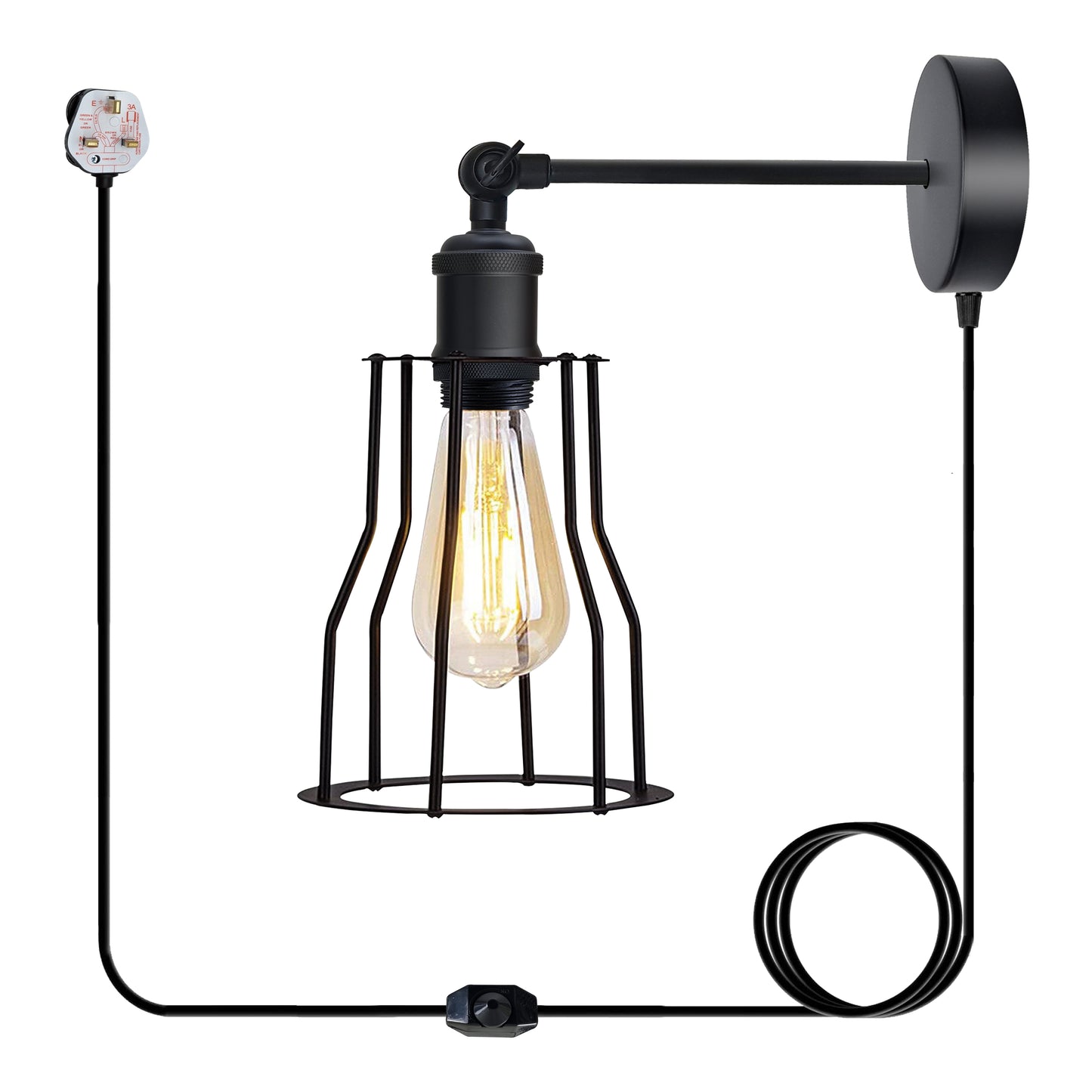 Black industrial wall lamp with cage, Edison bulb, UK plug for van life & camper interiors