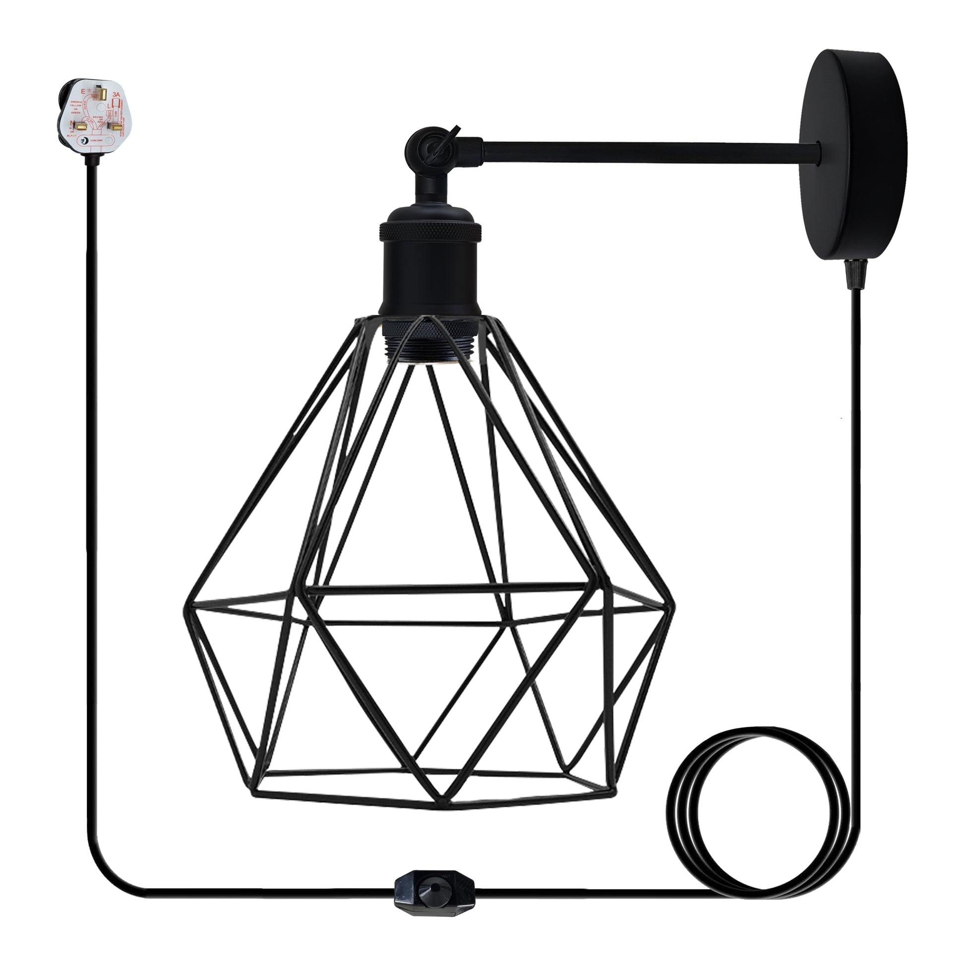 Black geometric wire pendant light with UK plug, ideal for van life and camper van interiors.
