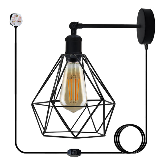 Black geometric wall lamp with Edison bulb, ideal for van life and camper van interiors