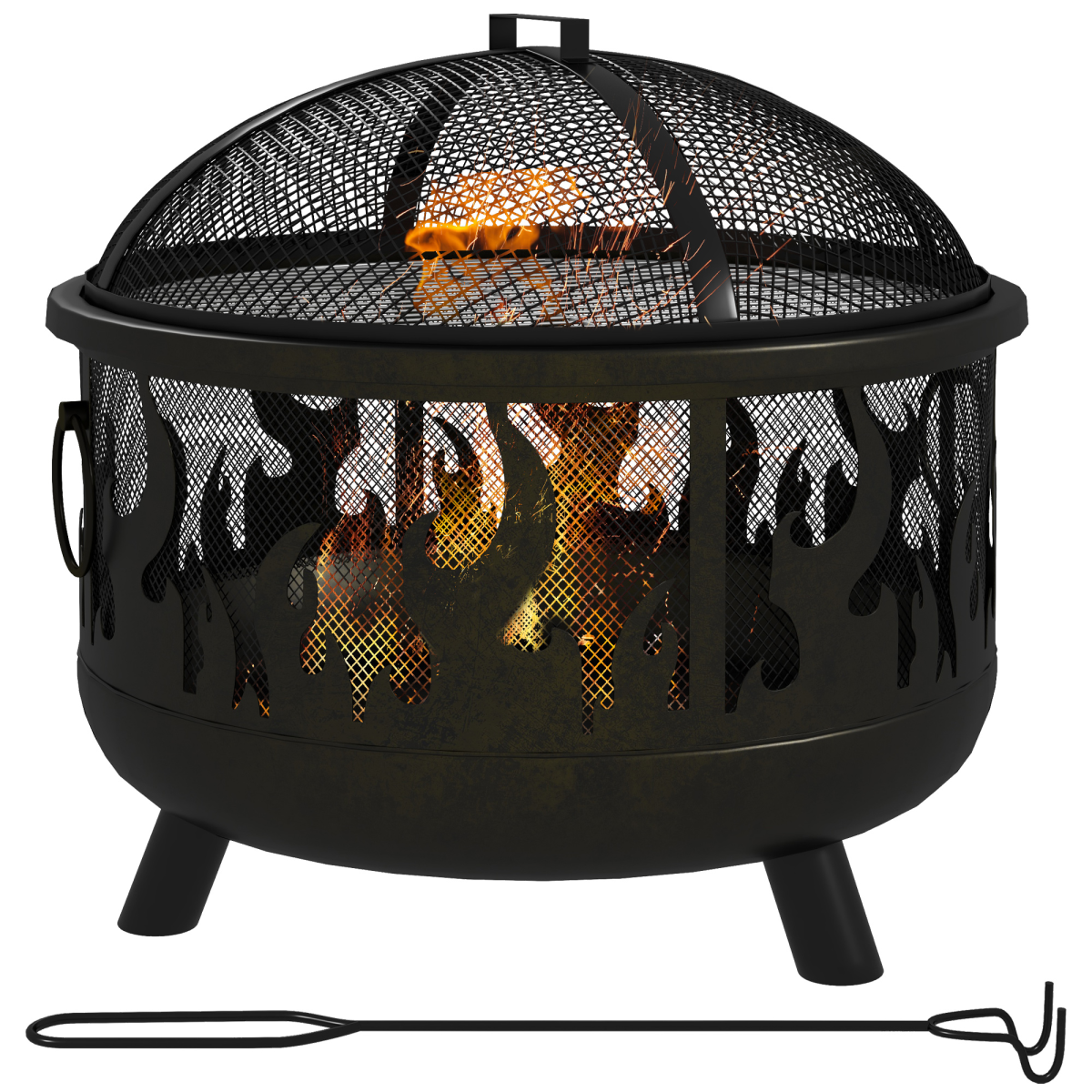 Black flame-patterned fire pit with mesh lid and poker, perfect for van life camping and outdoor adventures.