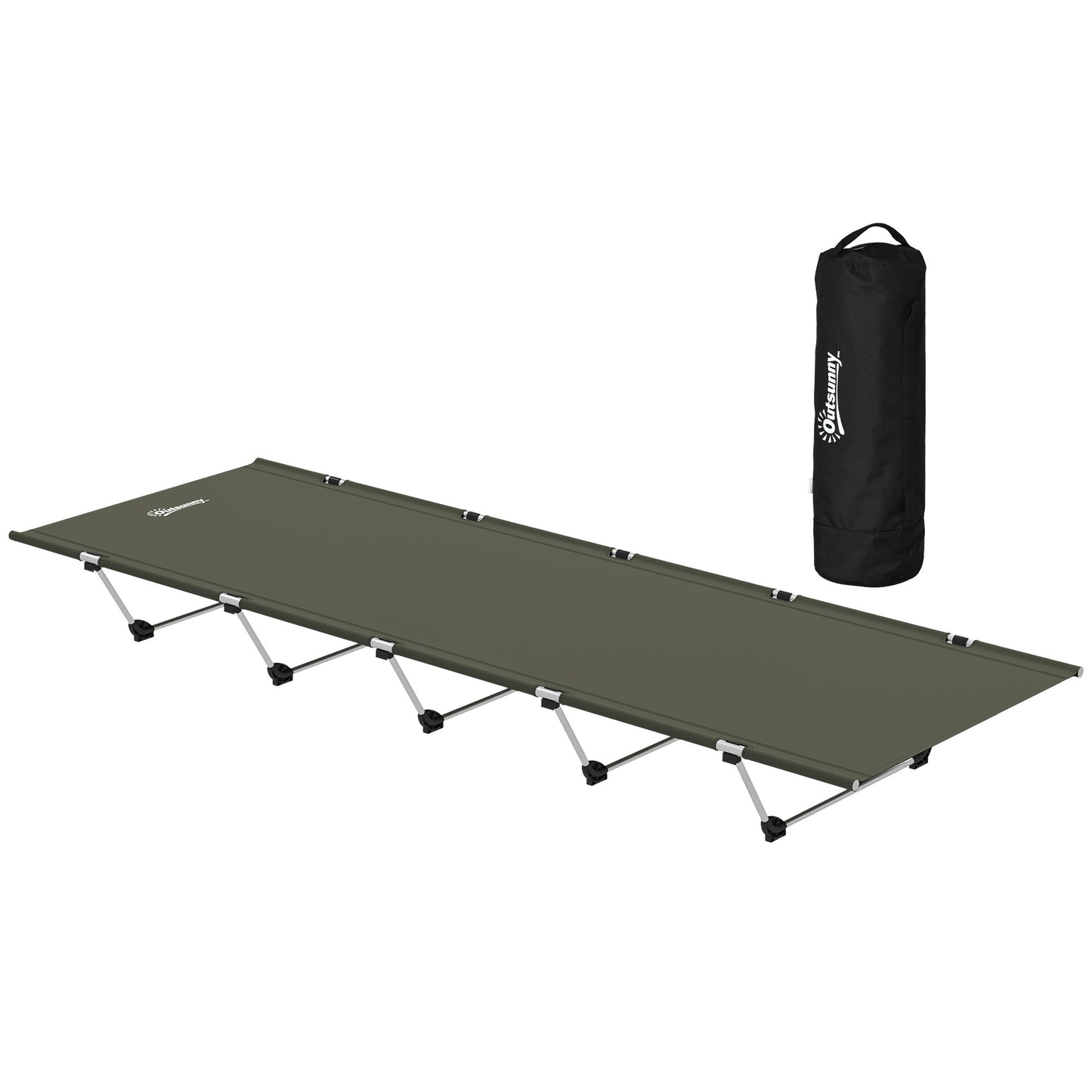 Olive green portable cot with carry bag, ideal for van life, camping, and outdoor adventures