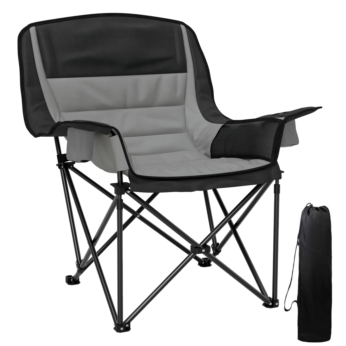 Portable camping chair with cup holder and carry bag, perfect for van life and outdoor adventures