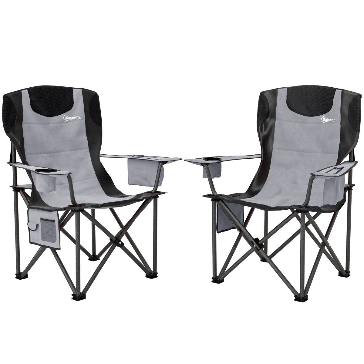 Gray and black portable camping chairs with cup holders and side pockets for van life and outdoor adventures