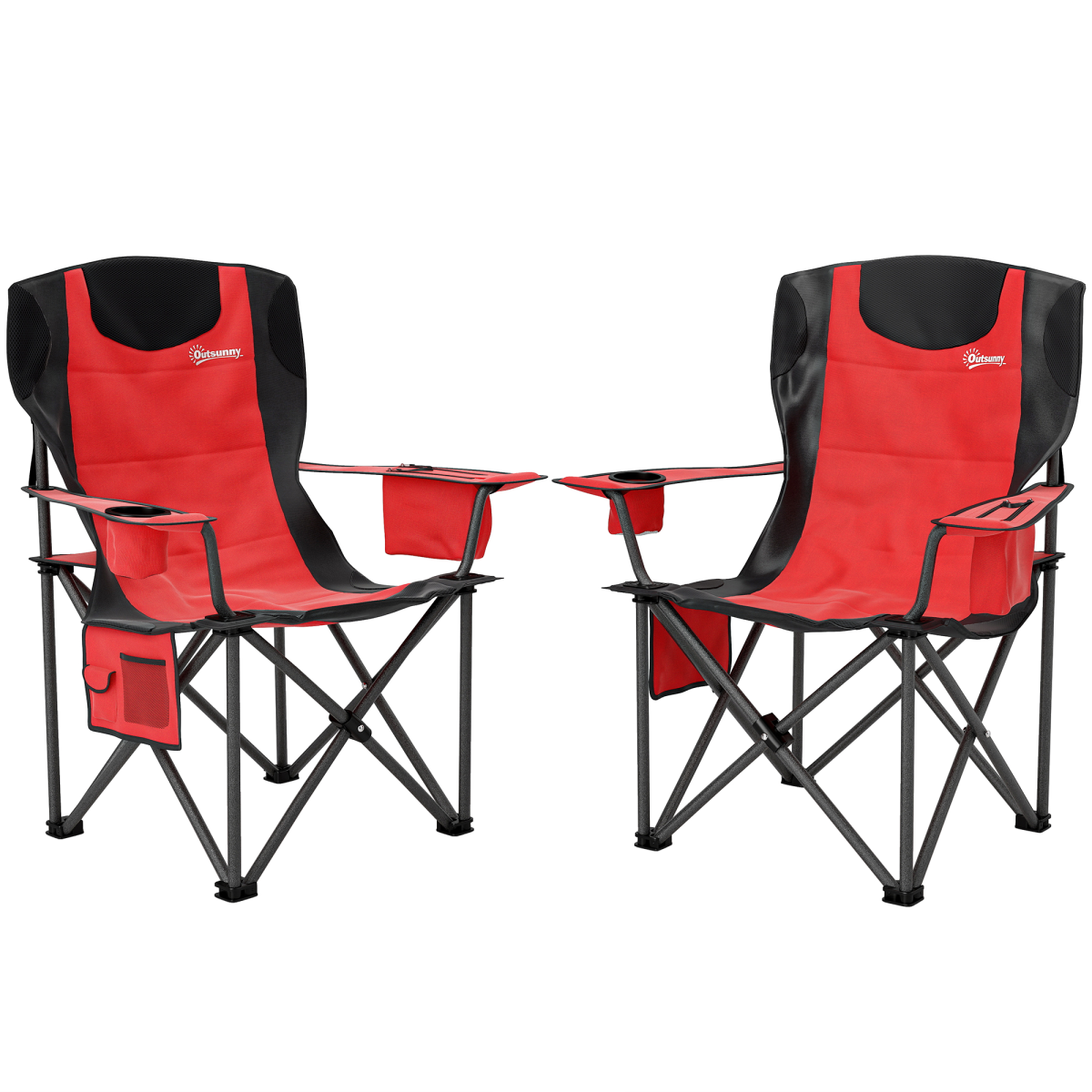Red and black portable camping chairs with cup holders and side pockets, ideal for van life and outdoor adventures