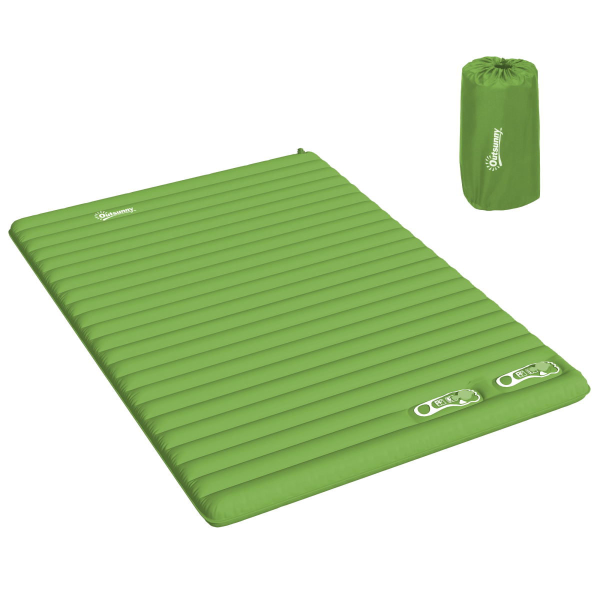 Green inflatable camping mattress with carry bag, ideal for van life and outdoor adventures