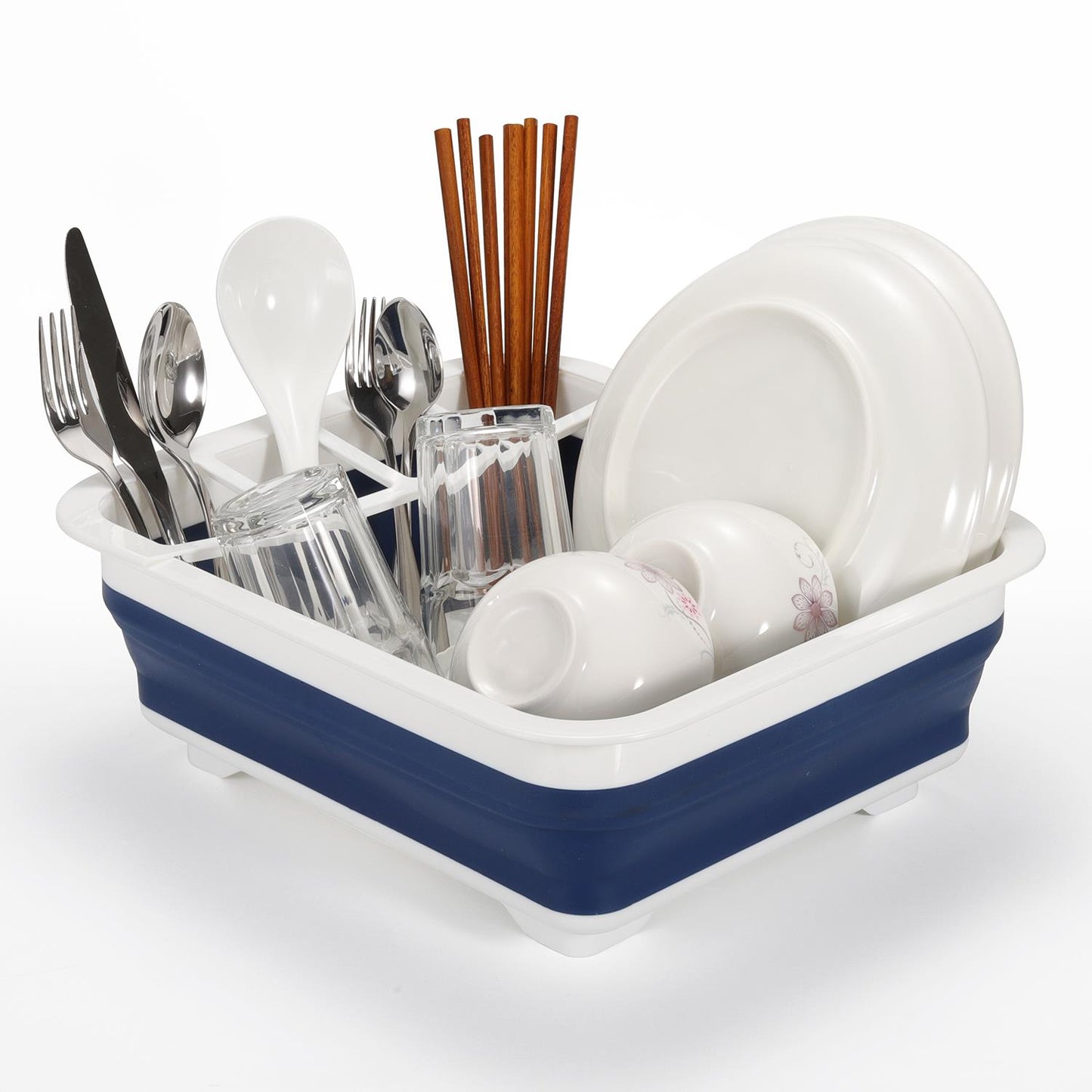 Compact dish drying rack with plates, cups, cutlery & chopsticks — ideal for van life and compact kitchens