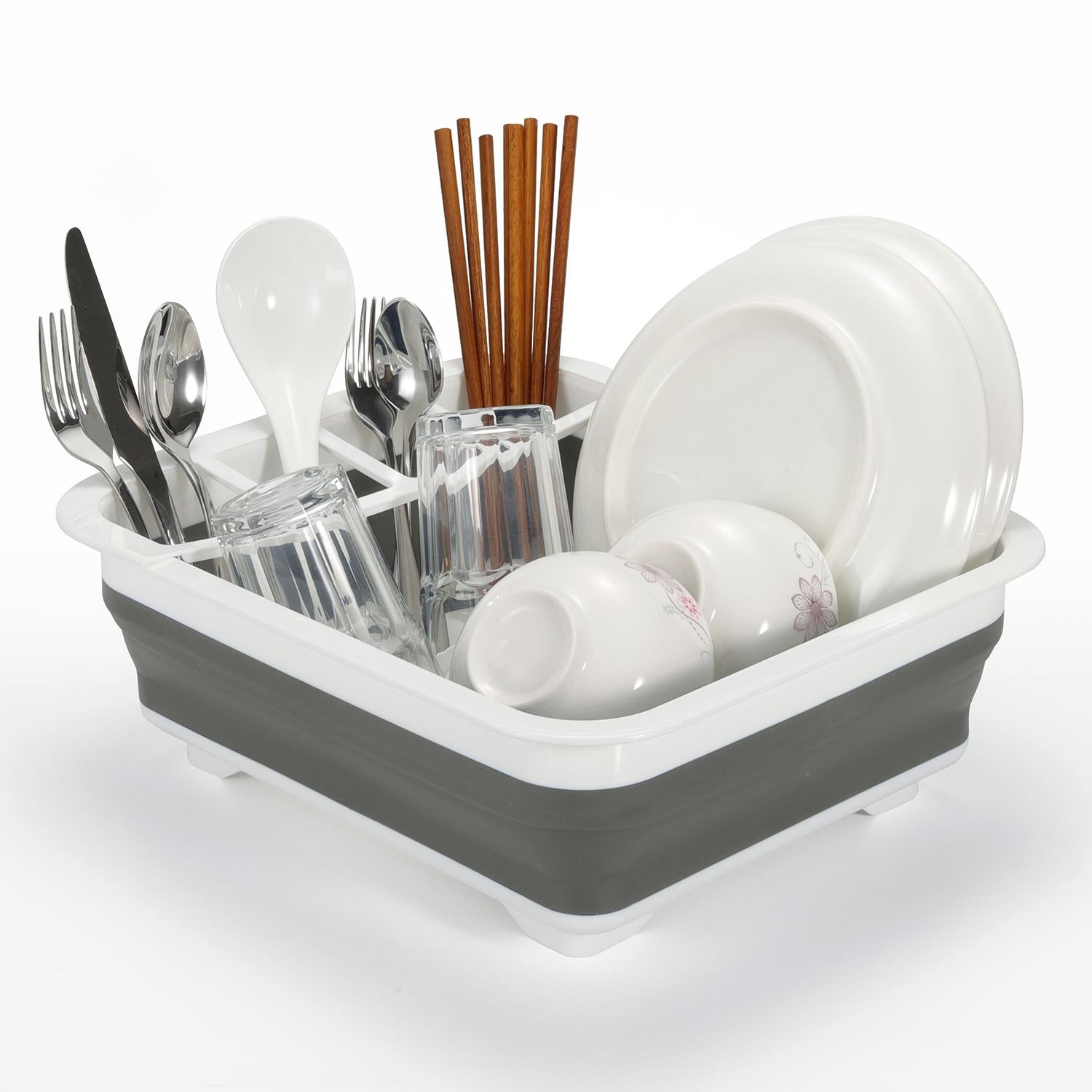 Collapsible dish drainer with plates, cups, cutlery, and chopsticks for van life kitchen organization