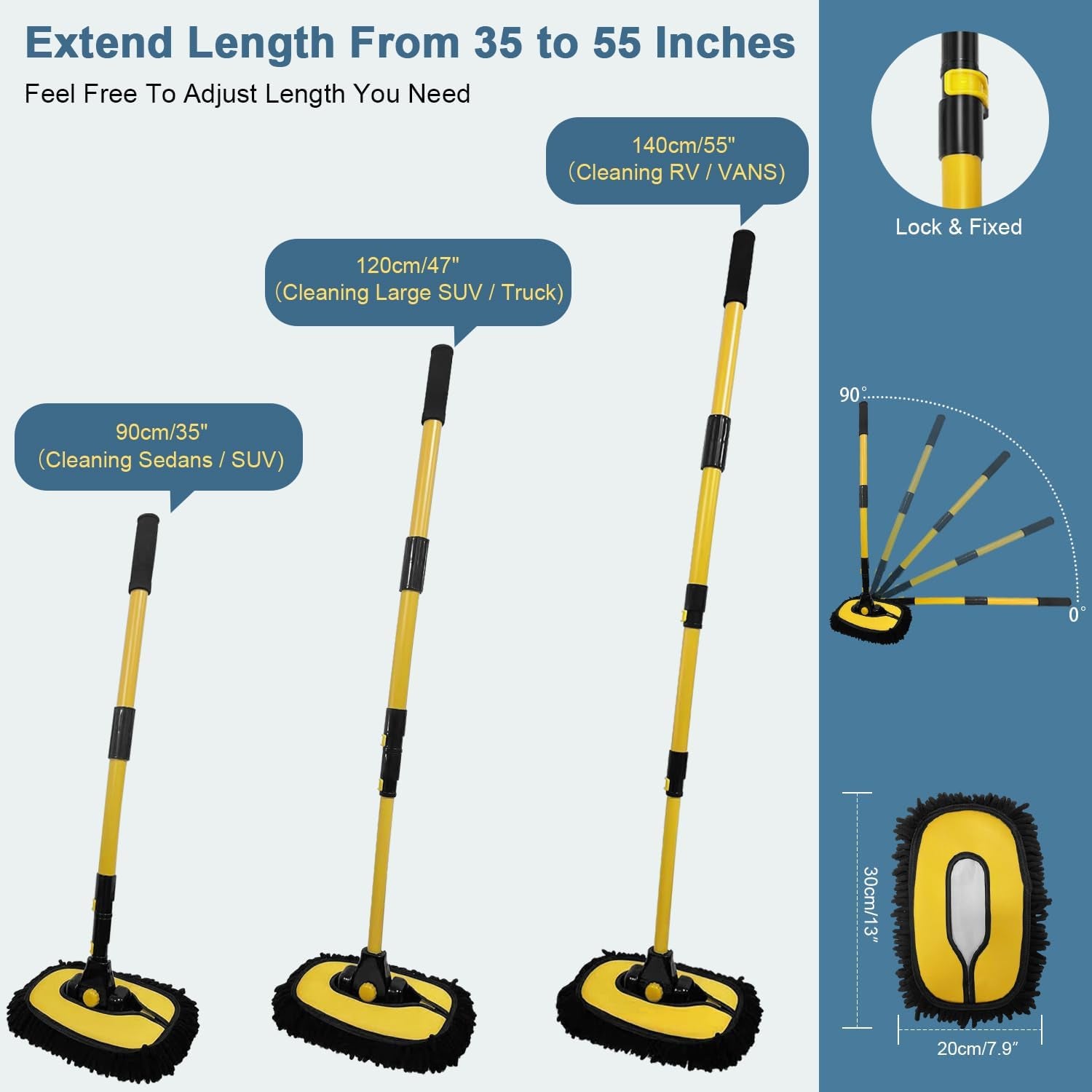 Extendable yellow car wash brush for vans, SUVs, trucks — adjustable 35-55 inches, ideal for van life cleaning