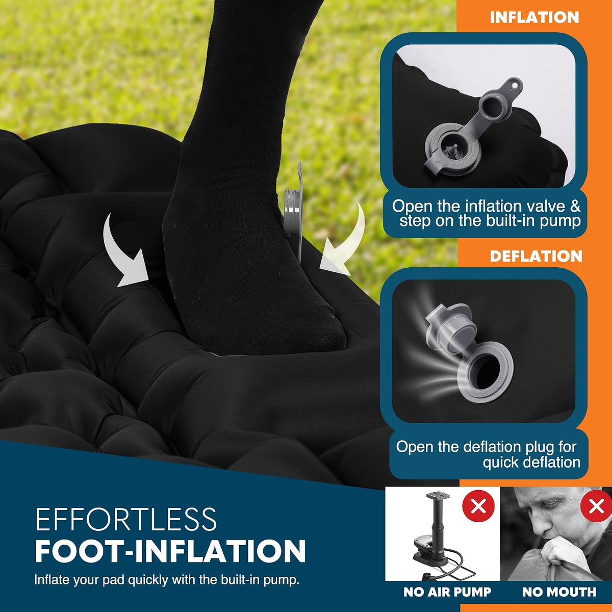 - Double Sleeping Pad - Ergonomic Design - Durable 40D Nylon + TPU - Easy Inflation/Deflation - Compact & Lightweight - Ideal for Camping, Hiking, and Outdoor Adventures - Black