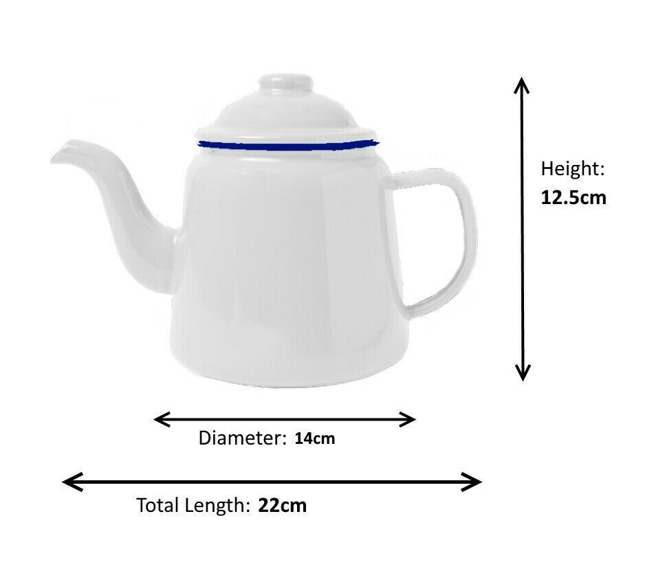 White enamel teapot with blue rim, compact for van life camping, 12.5cm height, 22cm length
