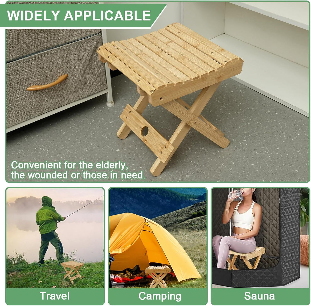Bamboo Folding Stool,For Portable Sauna Box Arc Shape Design Foldable Sauna Chair Multipurpose Strong Load Bearing Stool for Home Outdoor Camping Fishing Beach