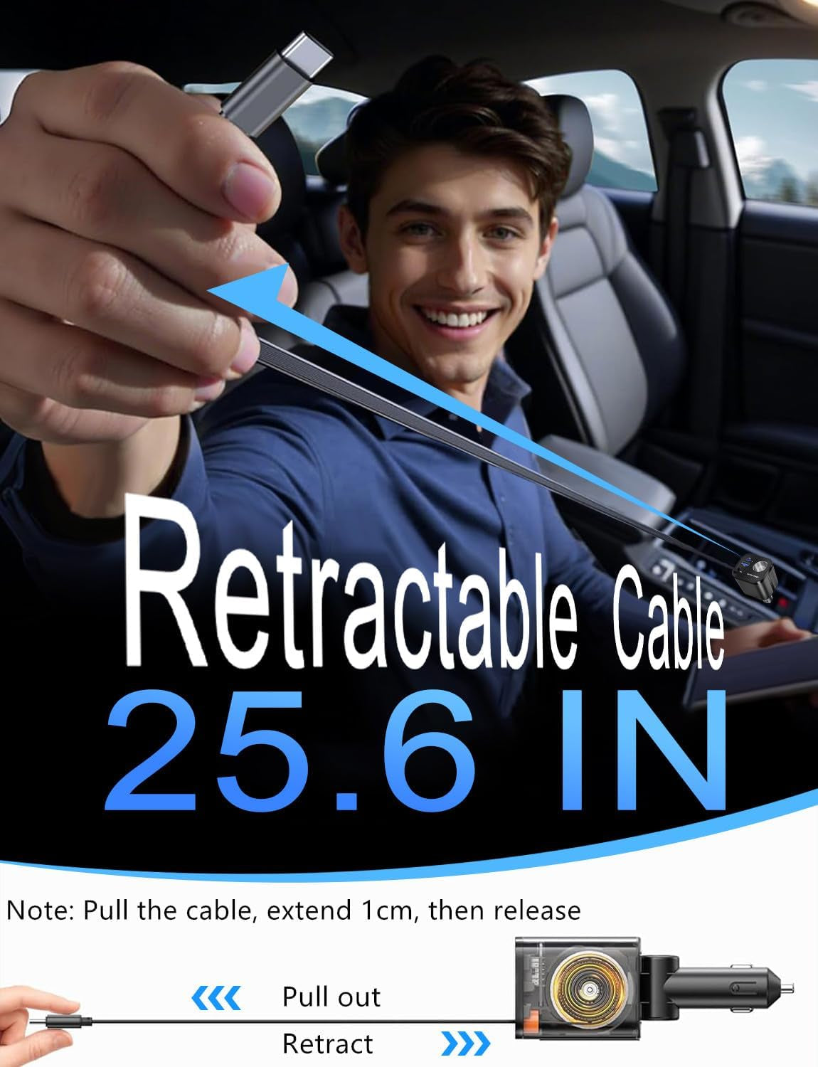 4-in-1 Retractable USB-C Car Charger – USB-C cable extended by hand