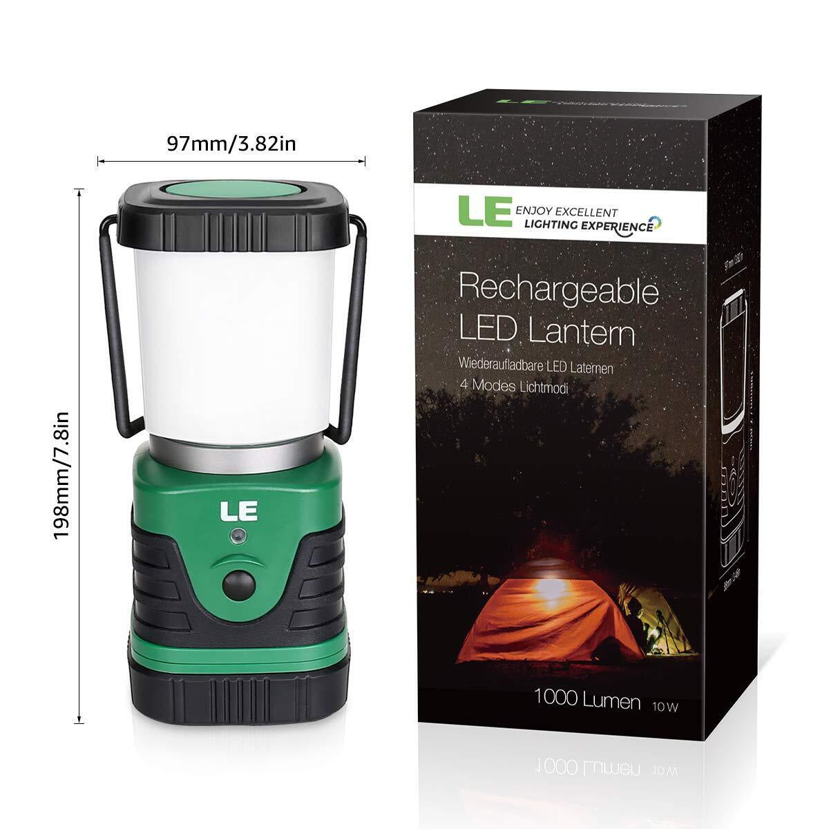 Rechargeable LED lantern for camping, 1000 lumen, 4 light modes, compact van life gear