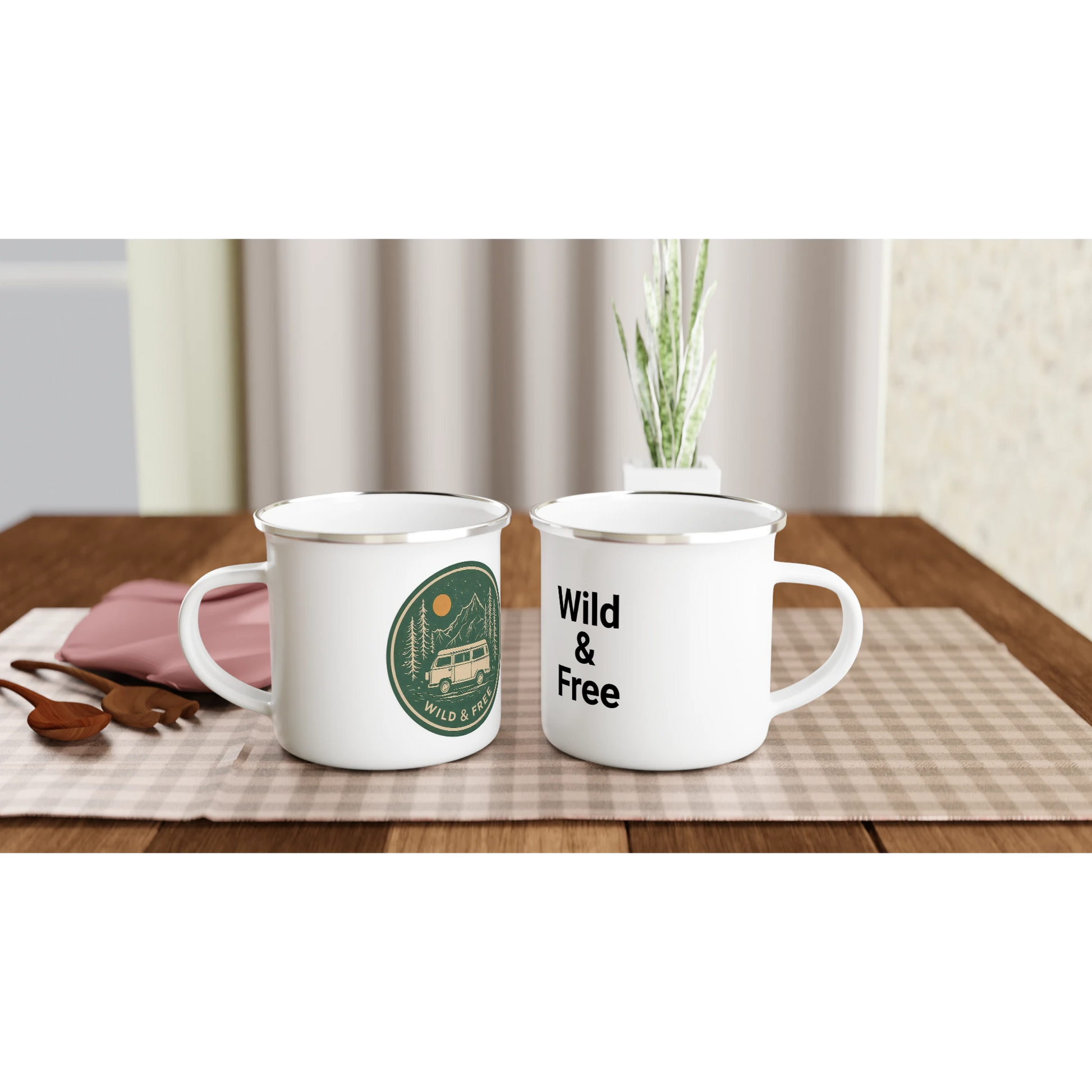 White enamel mugs with 'Wild & Free' van life design, perfect for camper van adventures and outdoor travel.